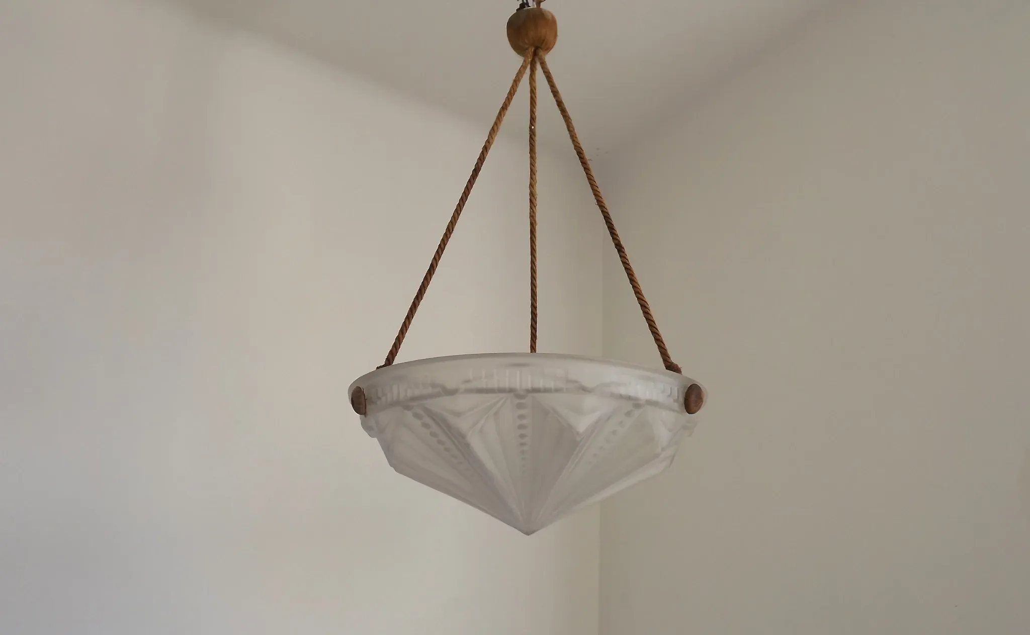 French Vintage Art Deco White Glass Abstract Platformier Ceiling LIght