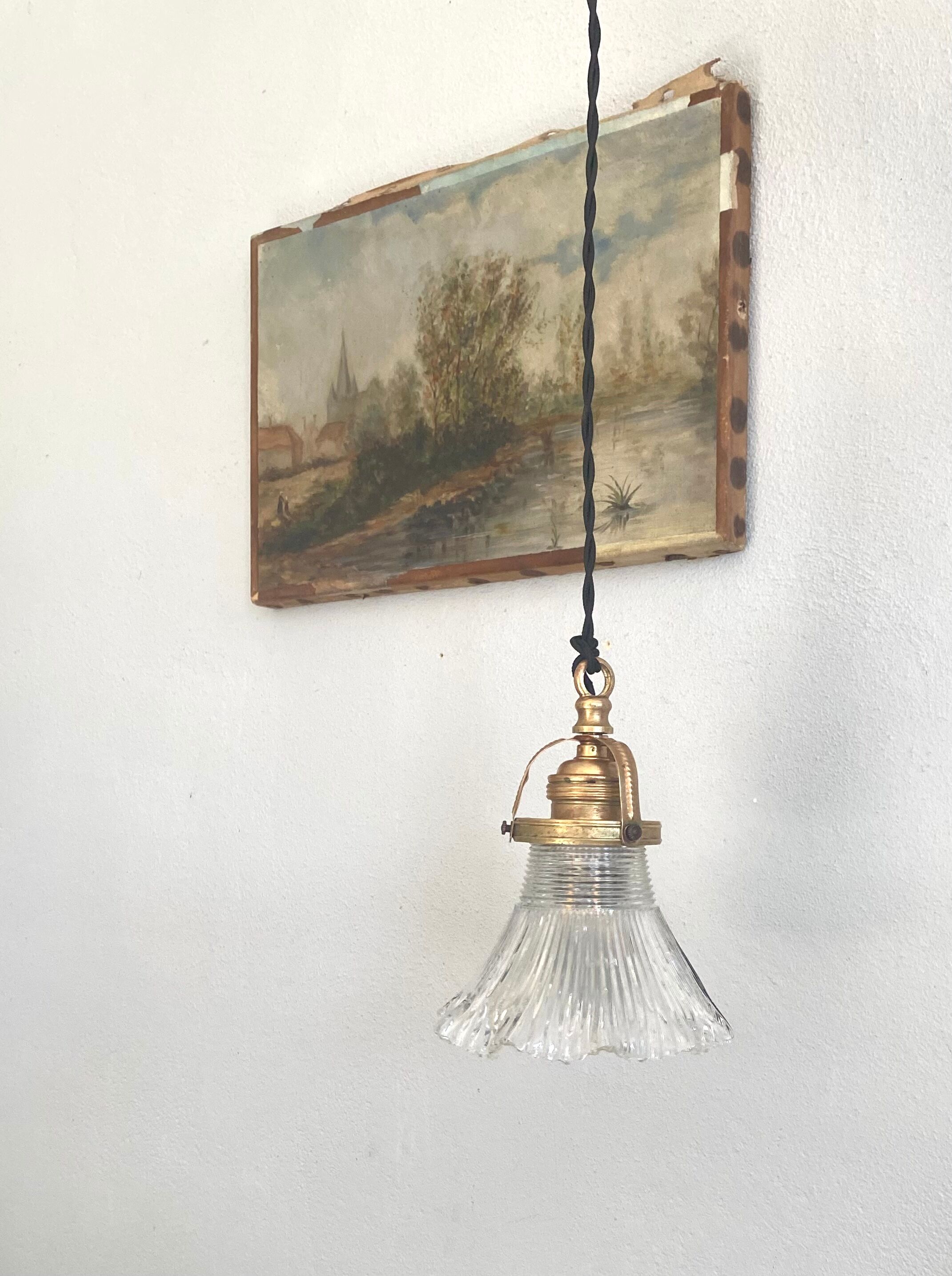 Baladeuse suspension verre strié, 2m câble tissu
