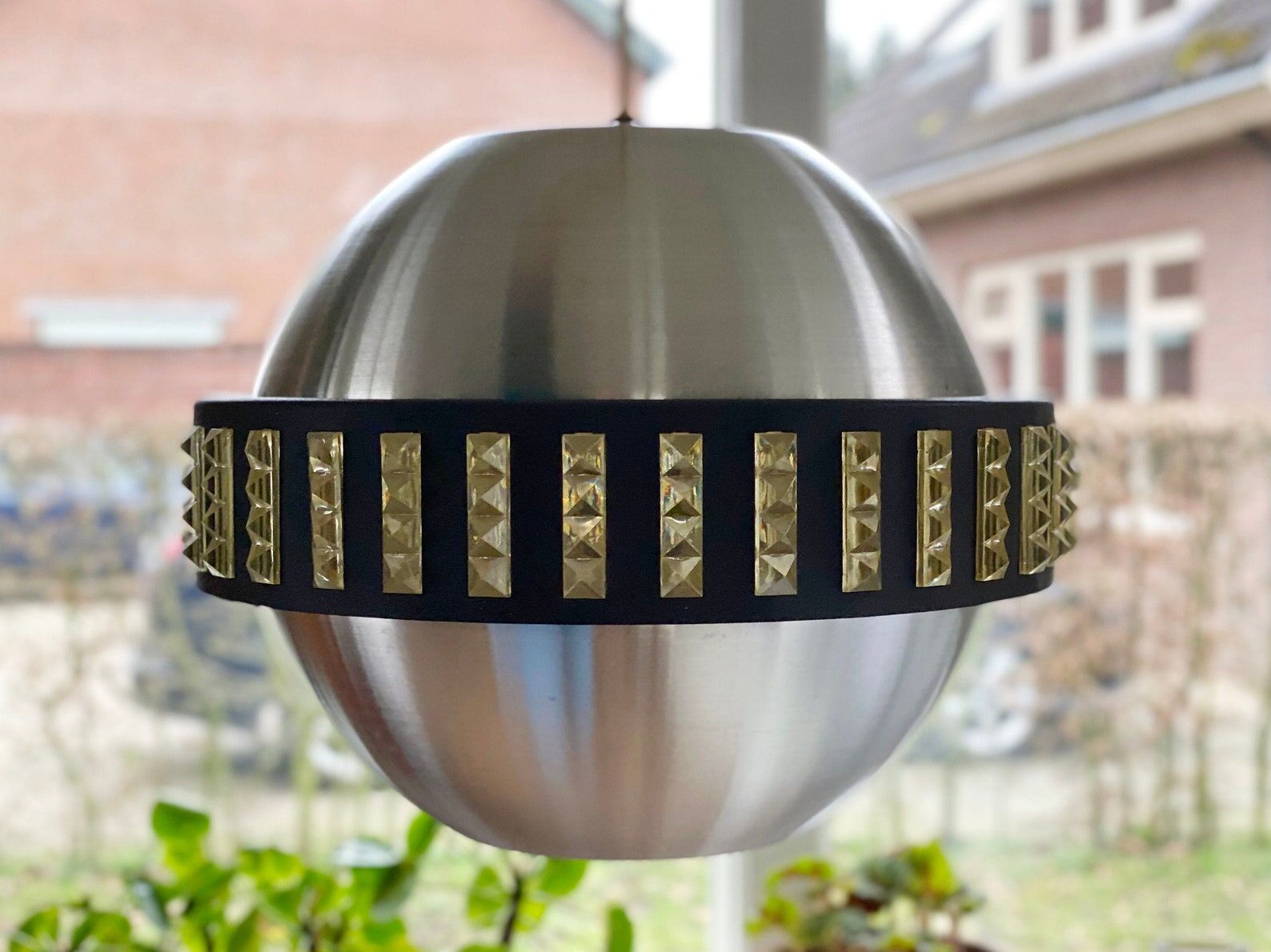 Vintage Space Age RVS Hanging Lamp with acrylic inserts, Mid Century Pendant