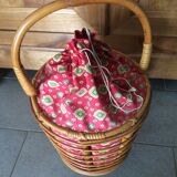 Rattan-work basket with vintage fabric