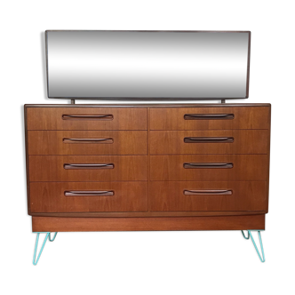 Mid century G-Plan Fresco teak chest of 8 drawers with mirror on blue hairpin legs