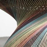 Polychrome wicker pedestal table, circa 1970