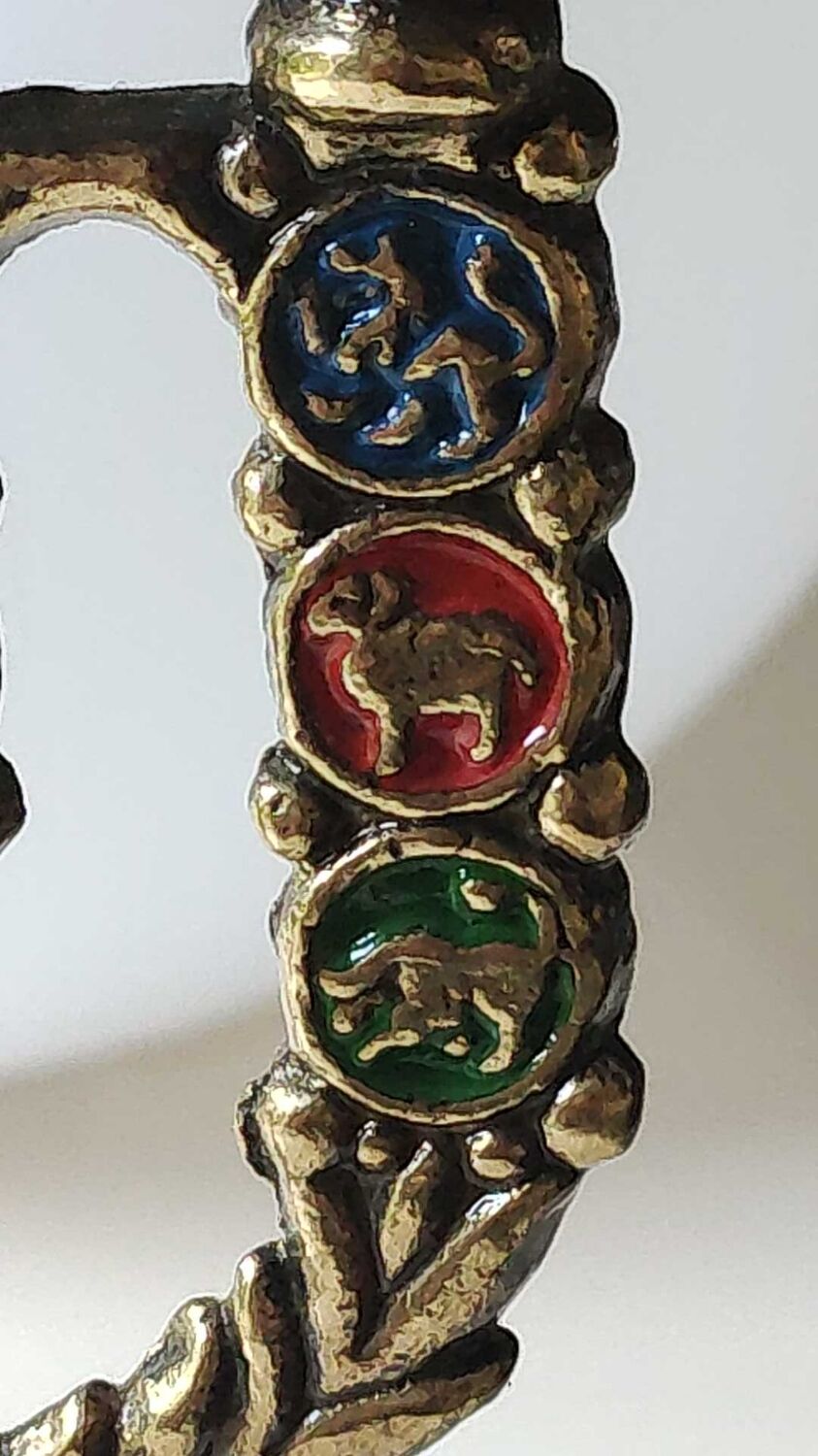 Menorah/Hebrew Candlestick with 7 branches. Astrological signs. Hanukkah. In patinated brass old gold