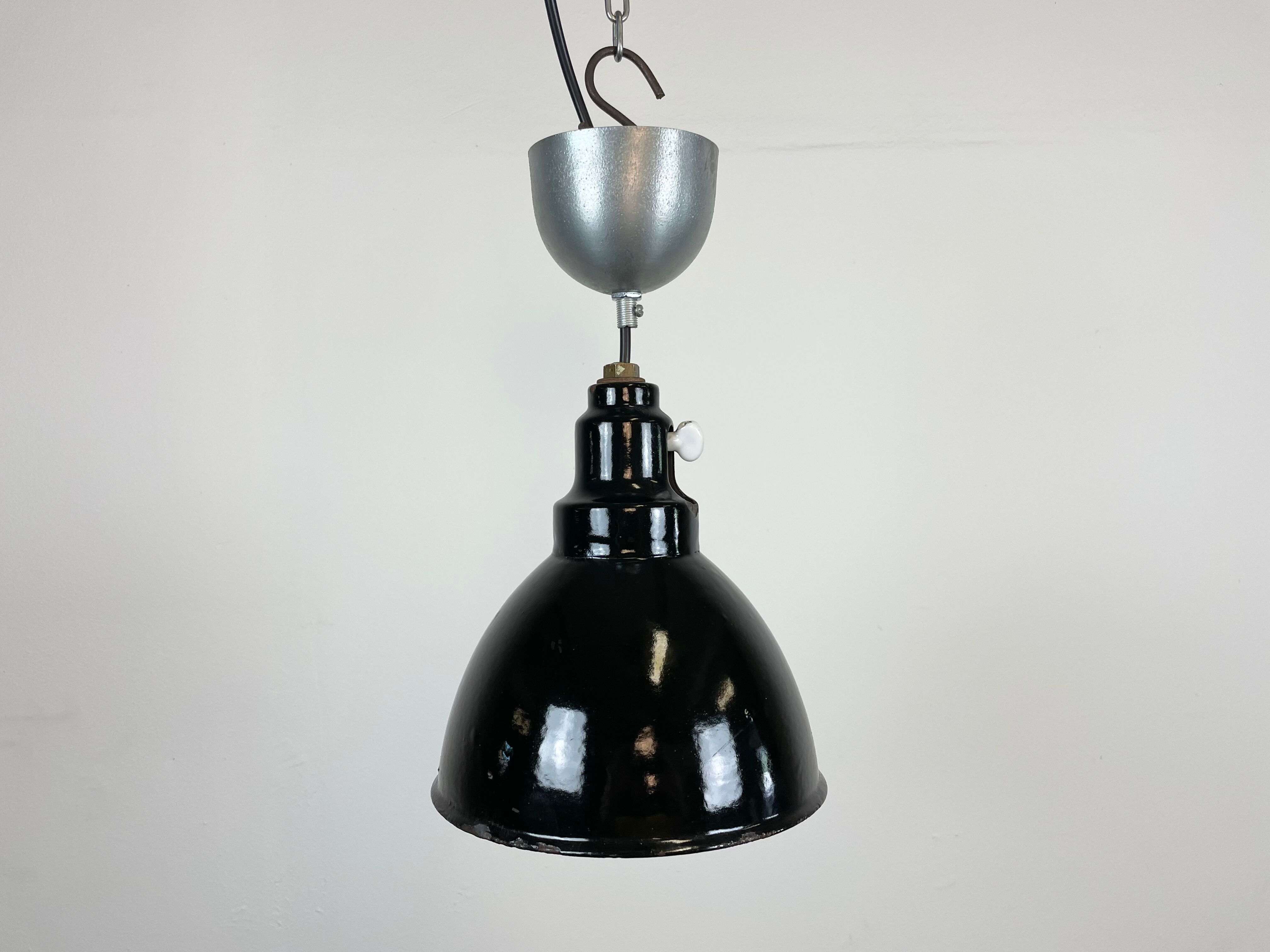 Industrial black enamel pendant lamp, 1950s