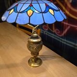 bronze lamp from 1900, solid, inlaid with enamels and glass shade