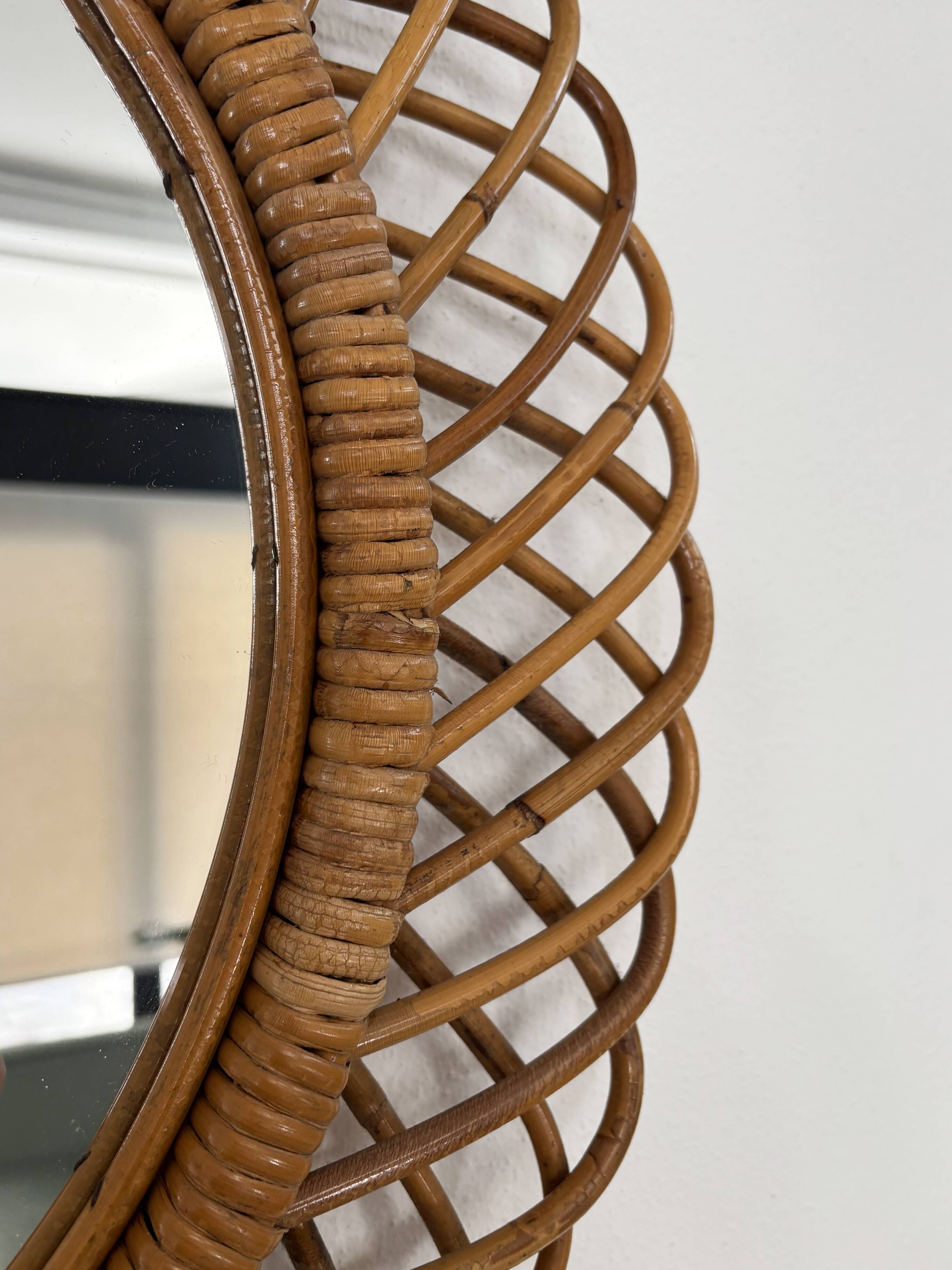 Italian Circle Rattan Bamboo Wall Mirror, 1960s