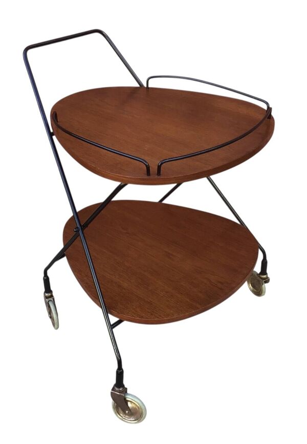 Desserte scandinave vintage en teck & métal, roulettes métal,  années 60