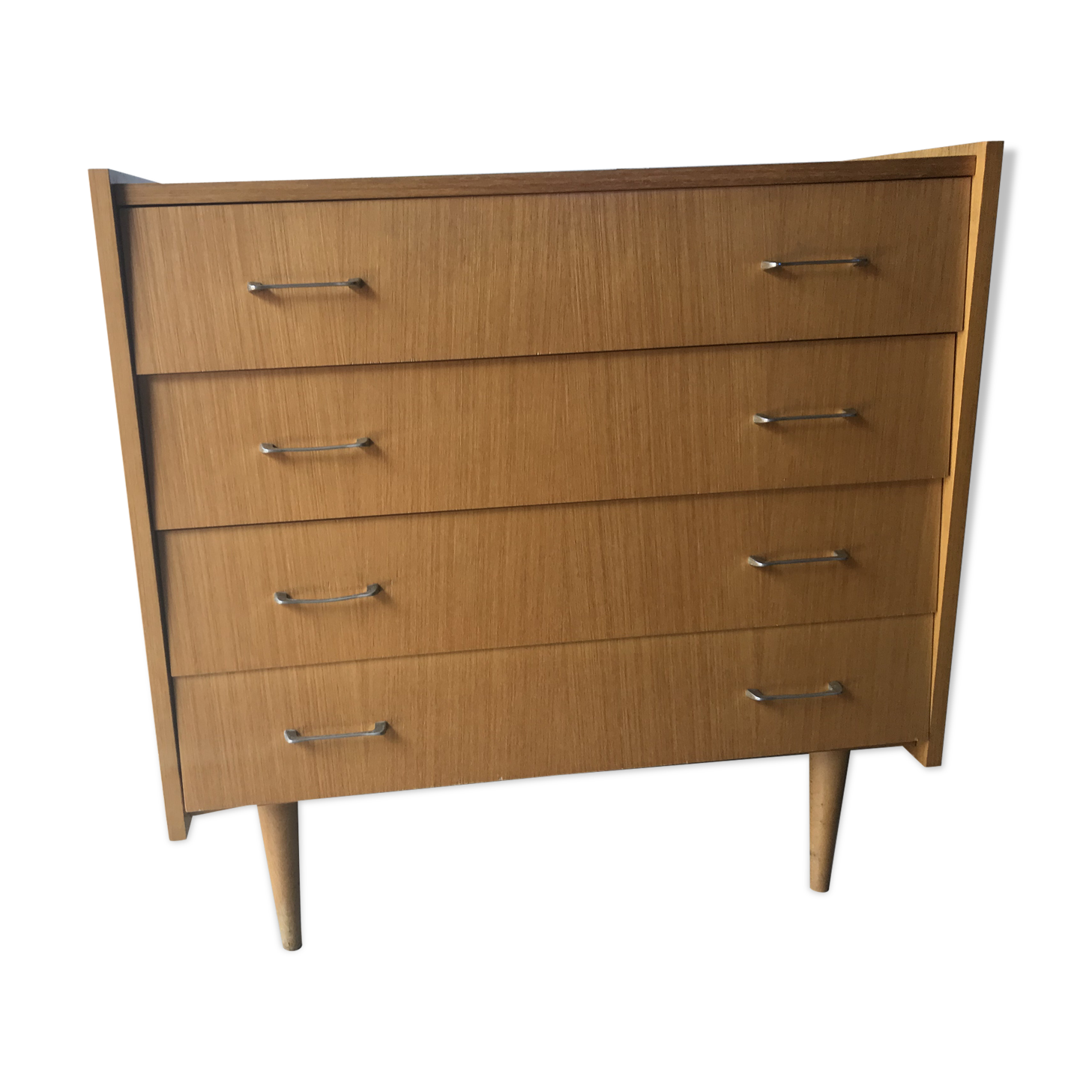 Commode scandinave 4 tiroirs bois pieds compas années 70 vintage