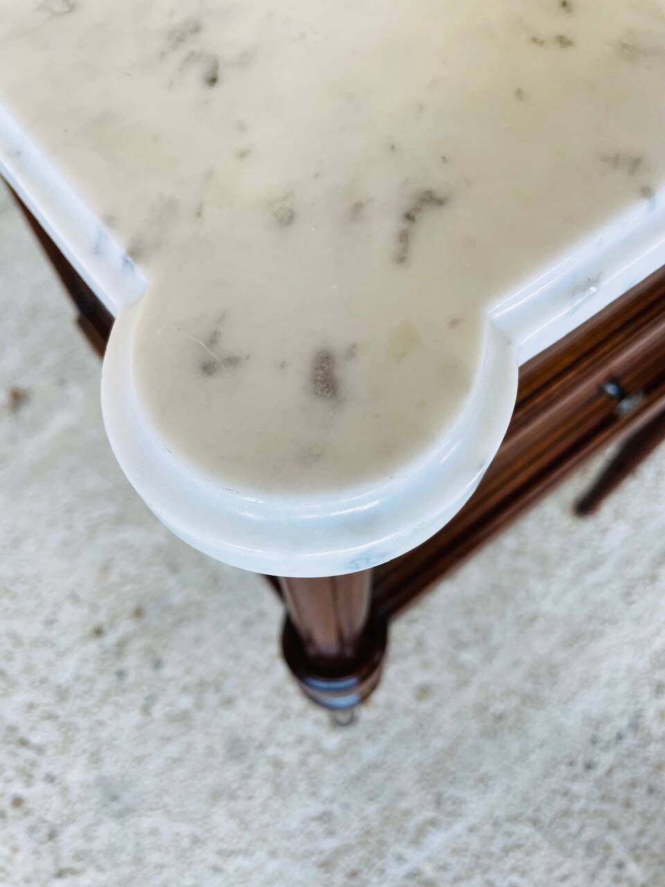 Louis XVI style bedside table, Carrara marble and mahogany