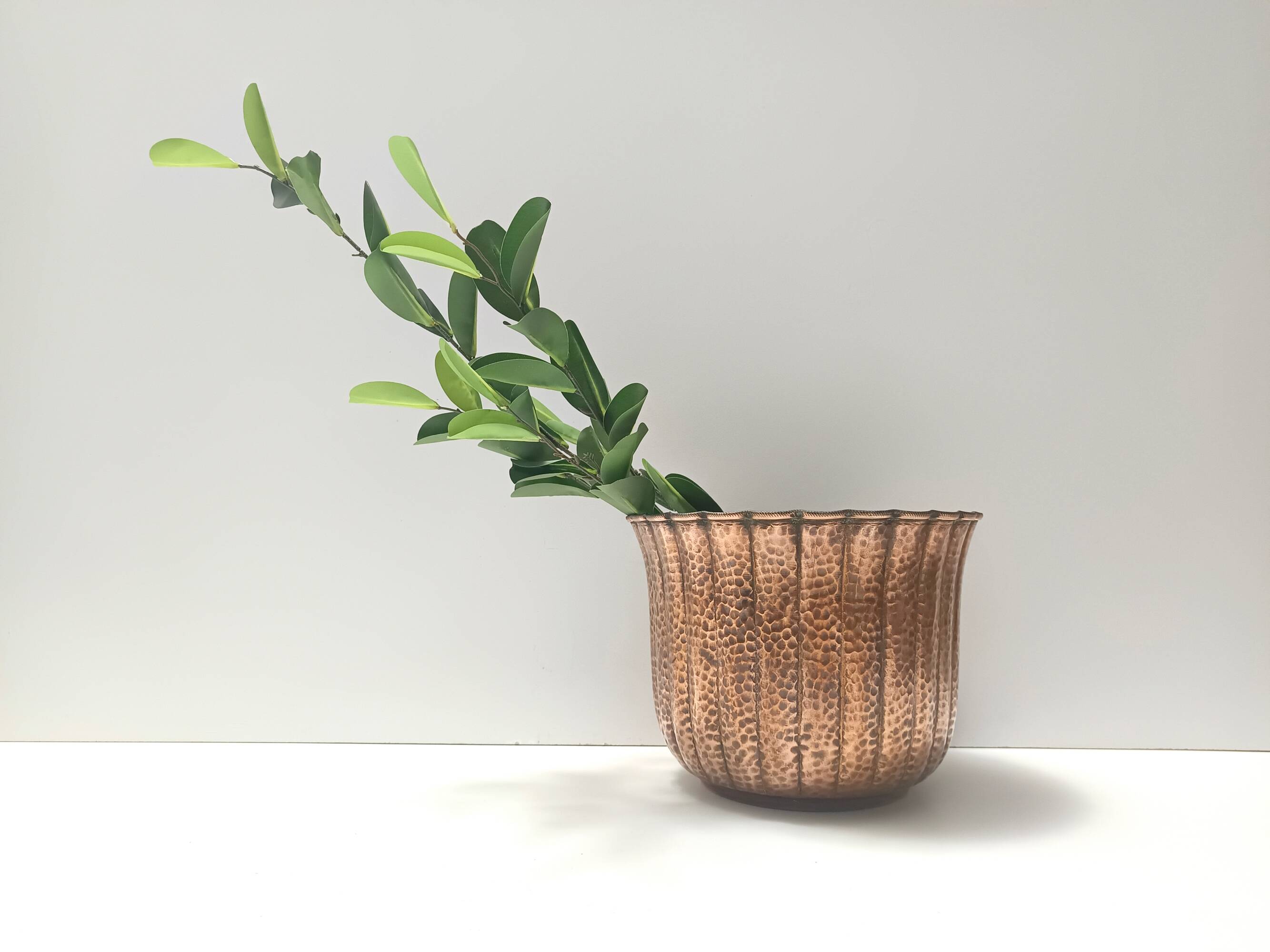 Round Embossed Copper Cachepot / Vase in the style of Egidio Casagrande