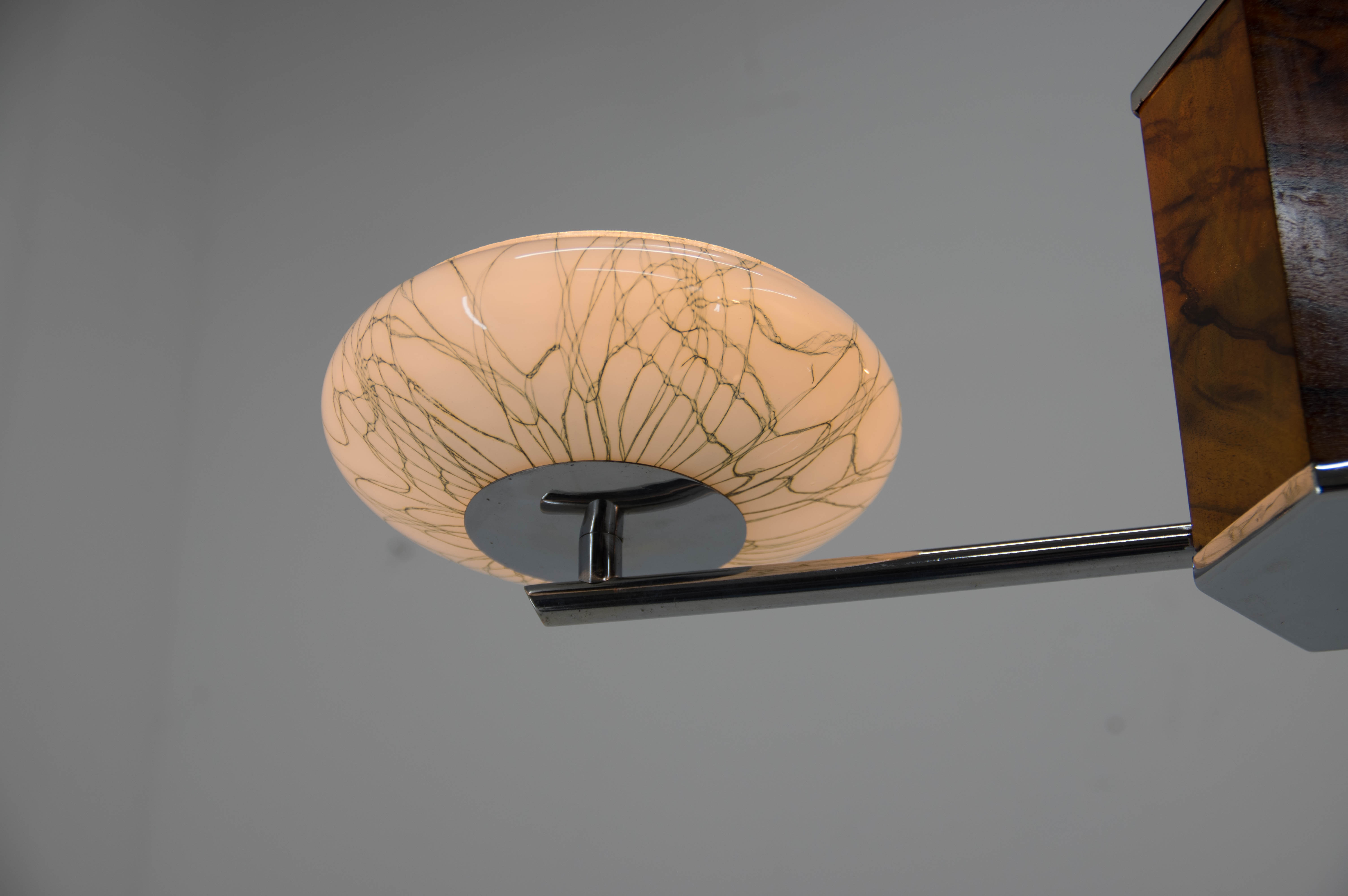 Art deco wood chrome and glass chandelier, 1940s, restored