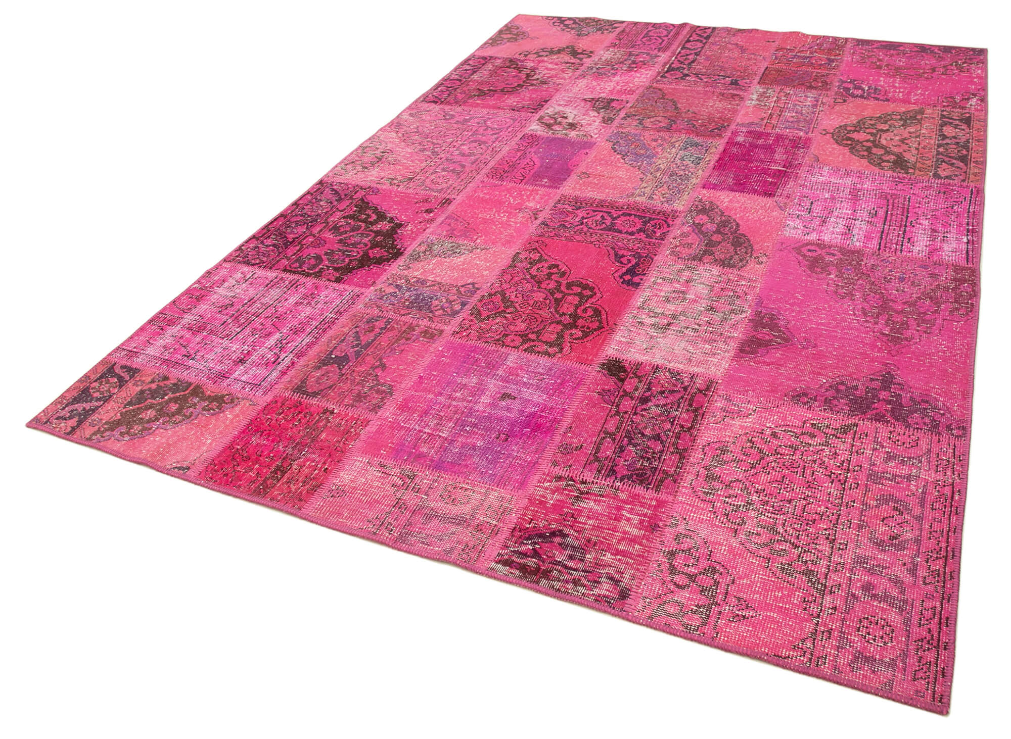 Handmade anatolian overdyed 200 cm x 300 cm pink patchwork carpet