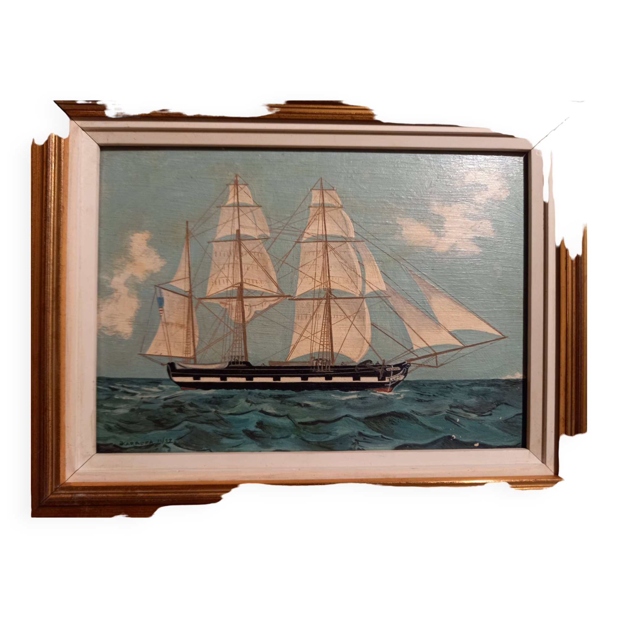 Old painting, oil on wood, schooner at sea, dated 1953, signed.