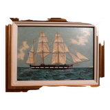 Old painting, oil on wood, schooner at sea, dated 1953, signed.