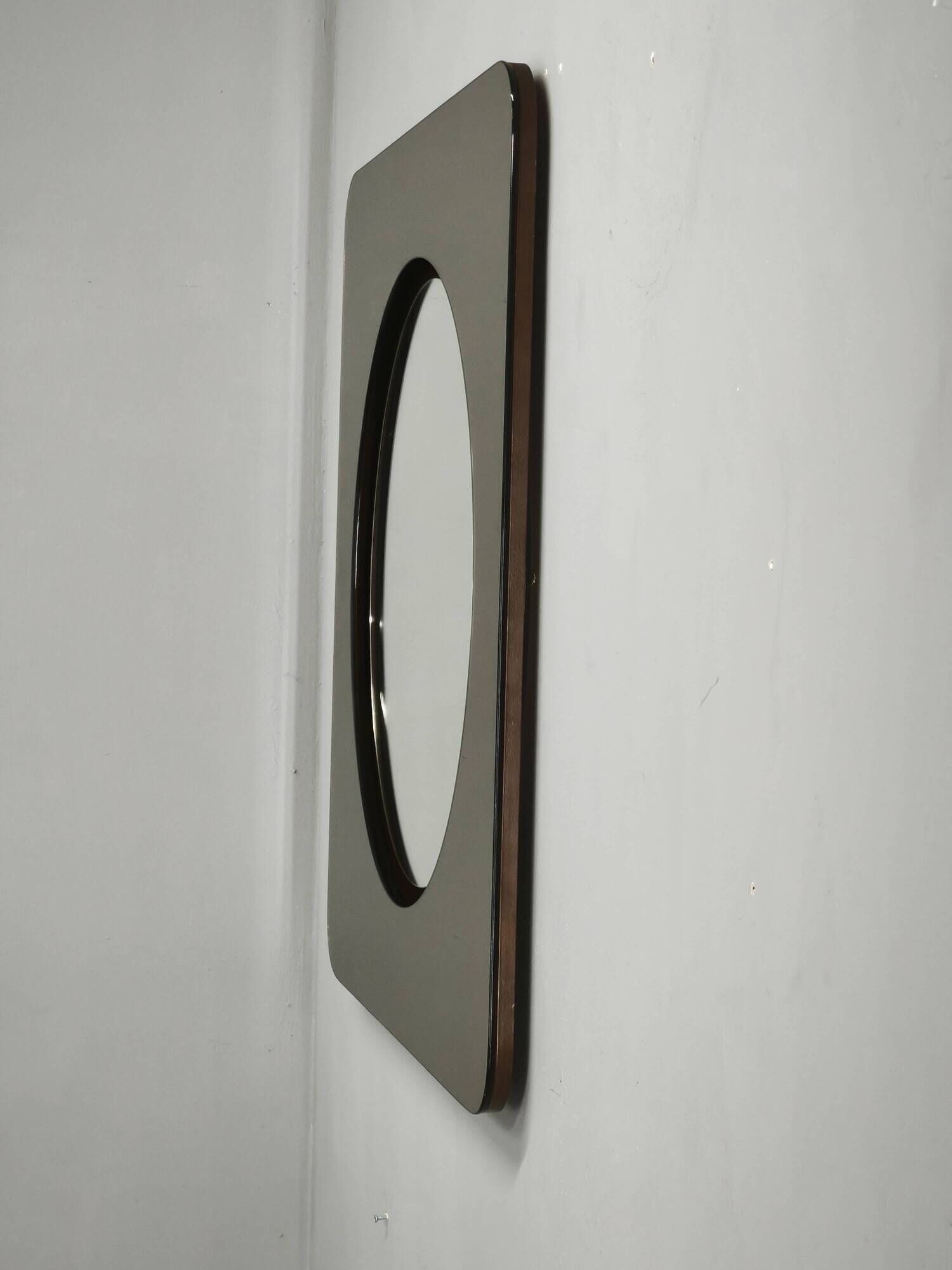1970s Italian Space Age Smoked Glass and Circular Wall Mirror