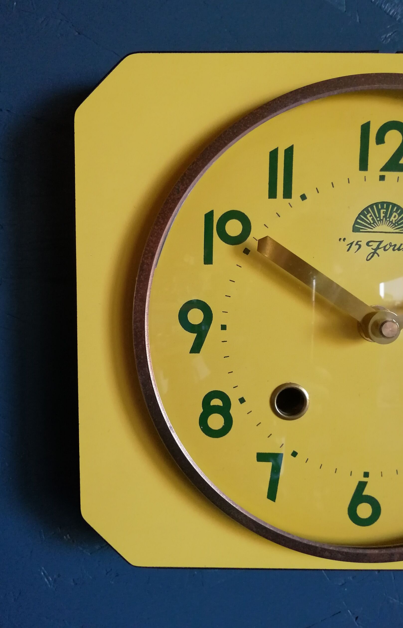 Vintage formica clock silent wall clock "FFR Golden Yellow"