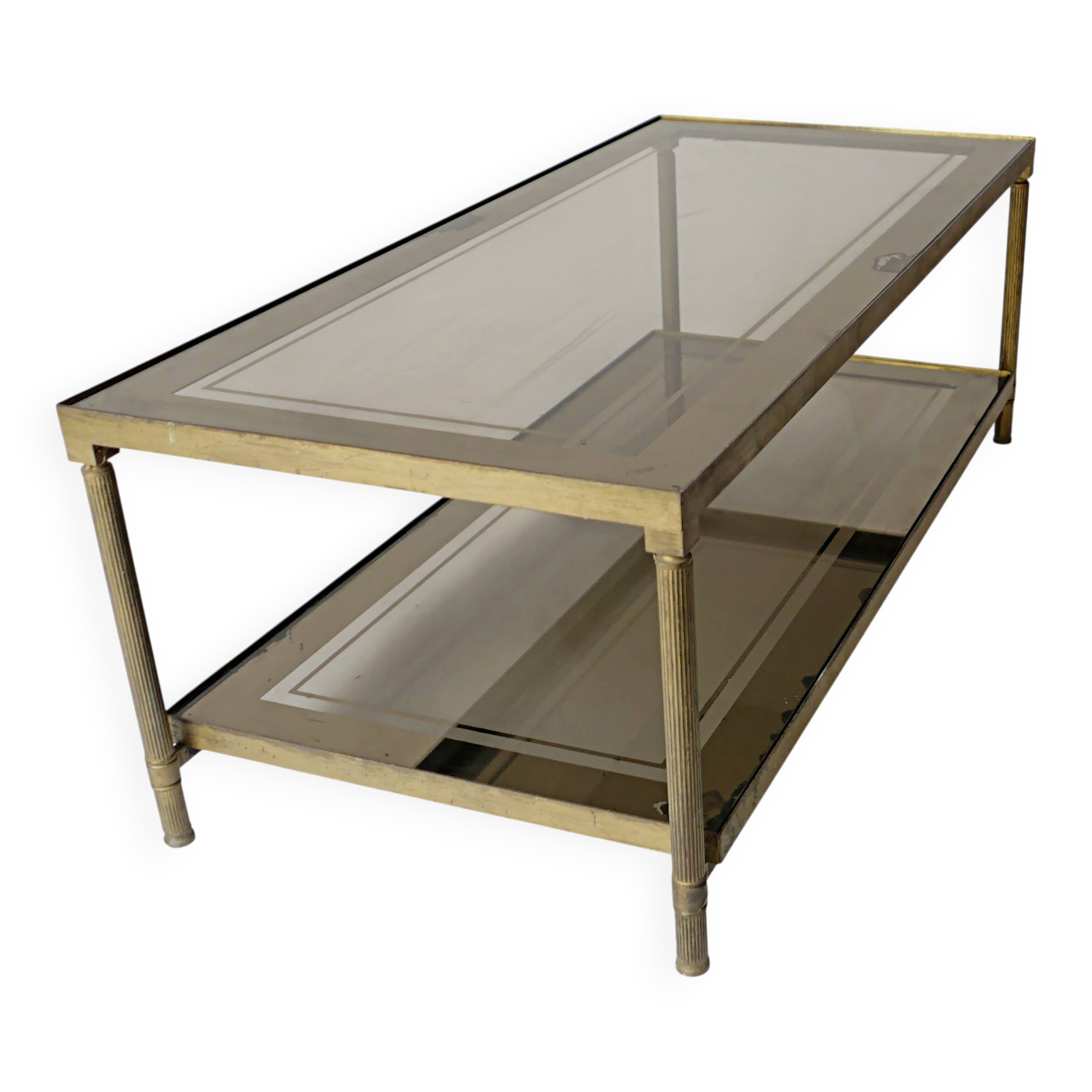 vintage brass coffee table with smoked glass mirror, antique Maison Jansen