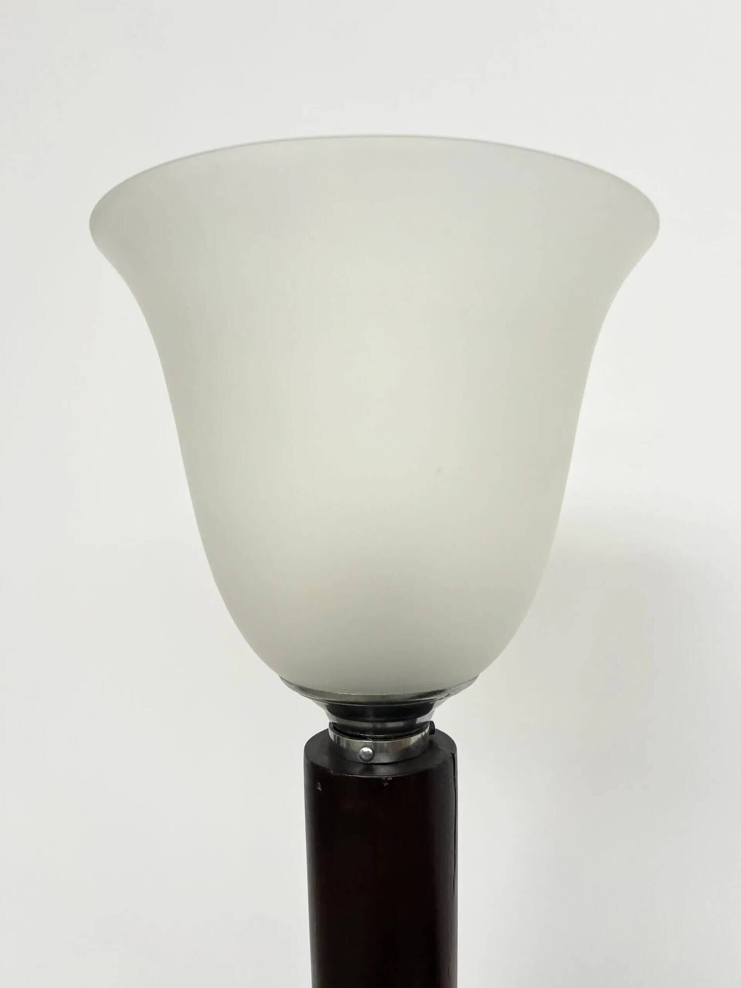 Mazda Art Deco floor lamp (1940s) – Stained wooden stem & frosted glass shade