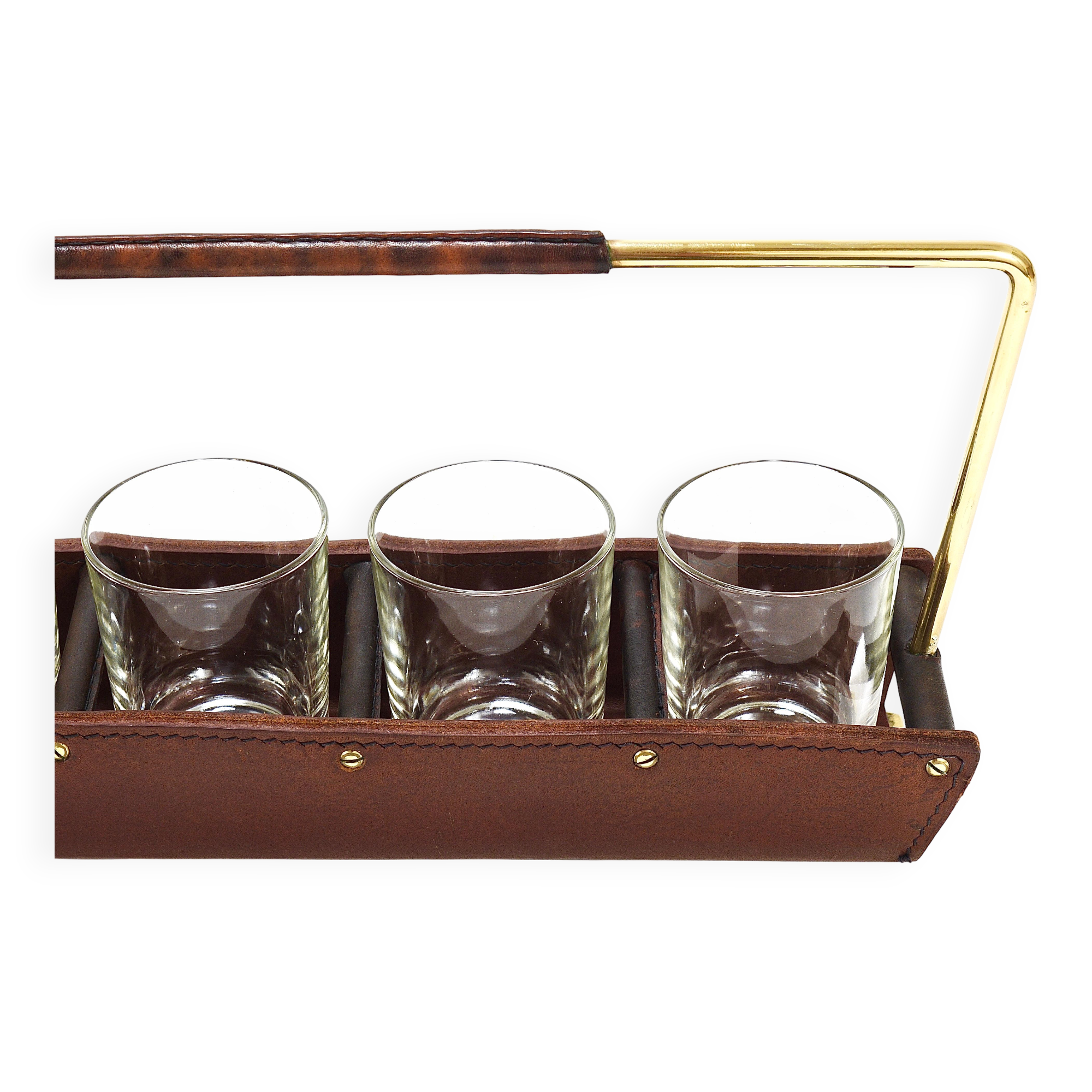 Carl Auböck II drinking glass holder, leather and brass, Austria 1950s