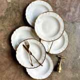 6 assiettes creuses en porcelaine de Limoges blanche et dorée