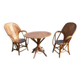 A table and two armchairs in chestnut slats 1970