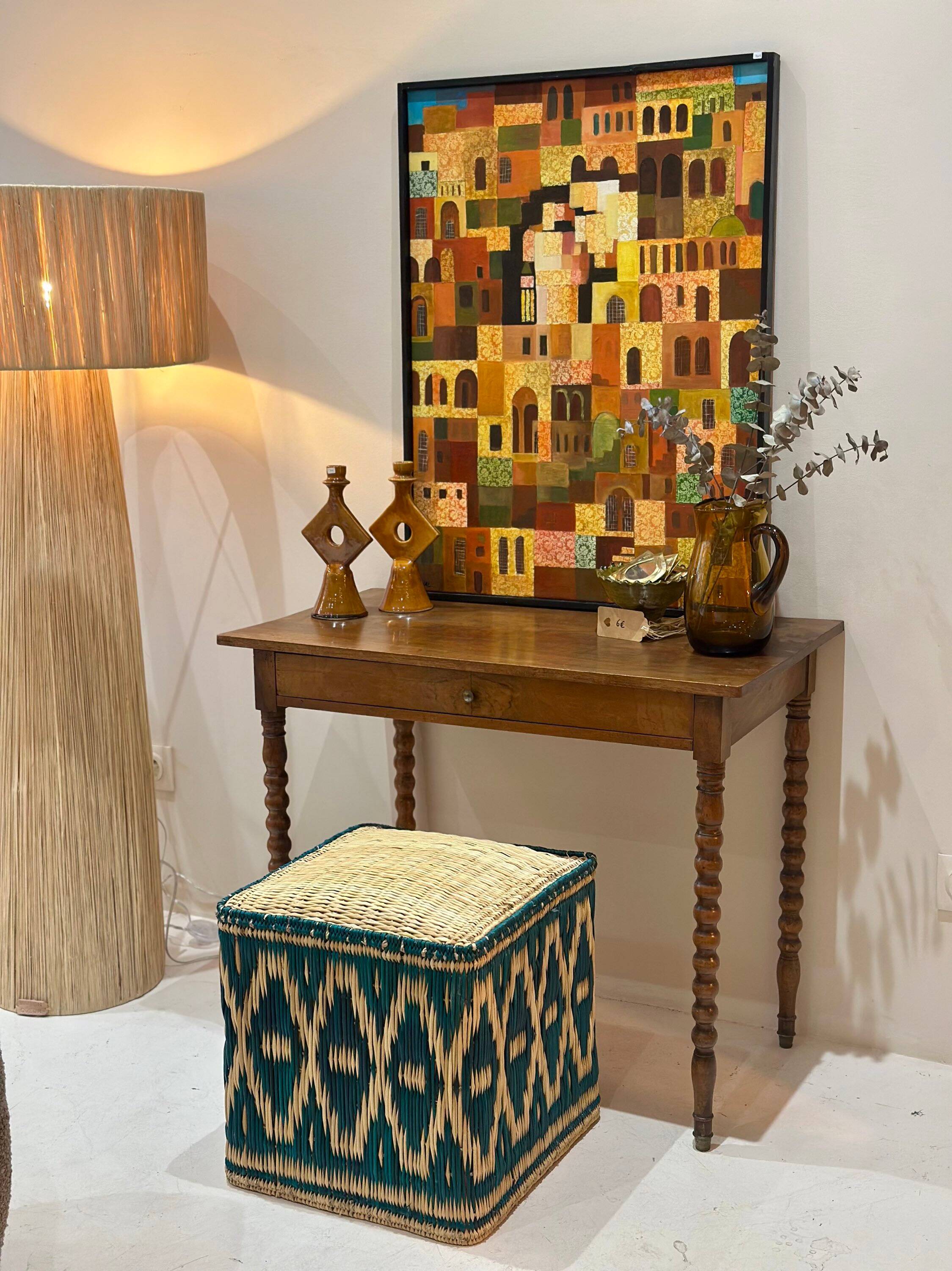 Vintage turned walnut wood console table with ball feet.