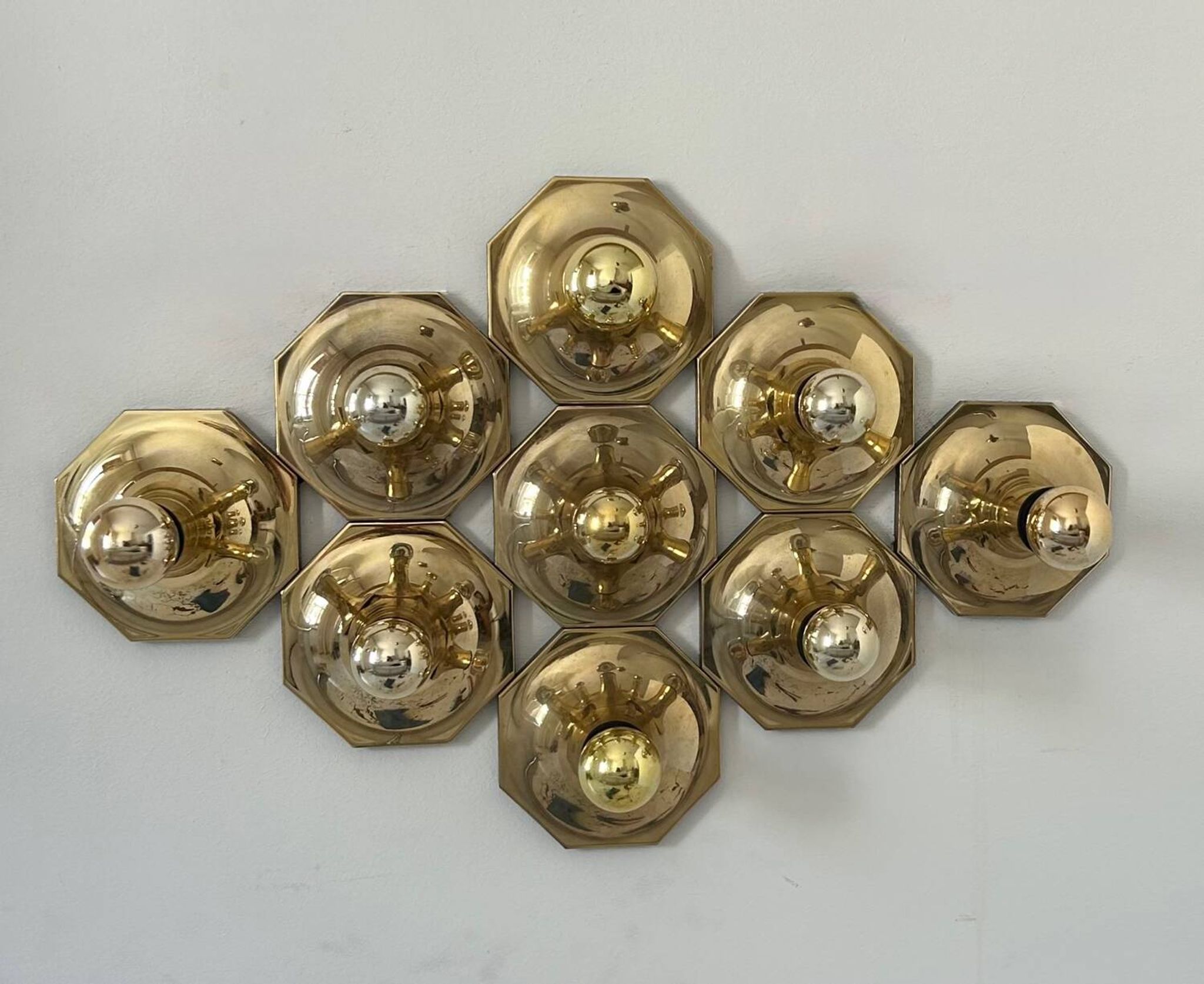 Set of 9 brass wall lights, Motoko Ishii for Staff Leuchten 1970