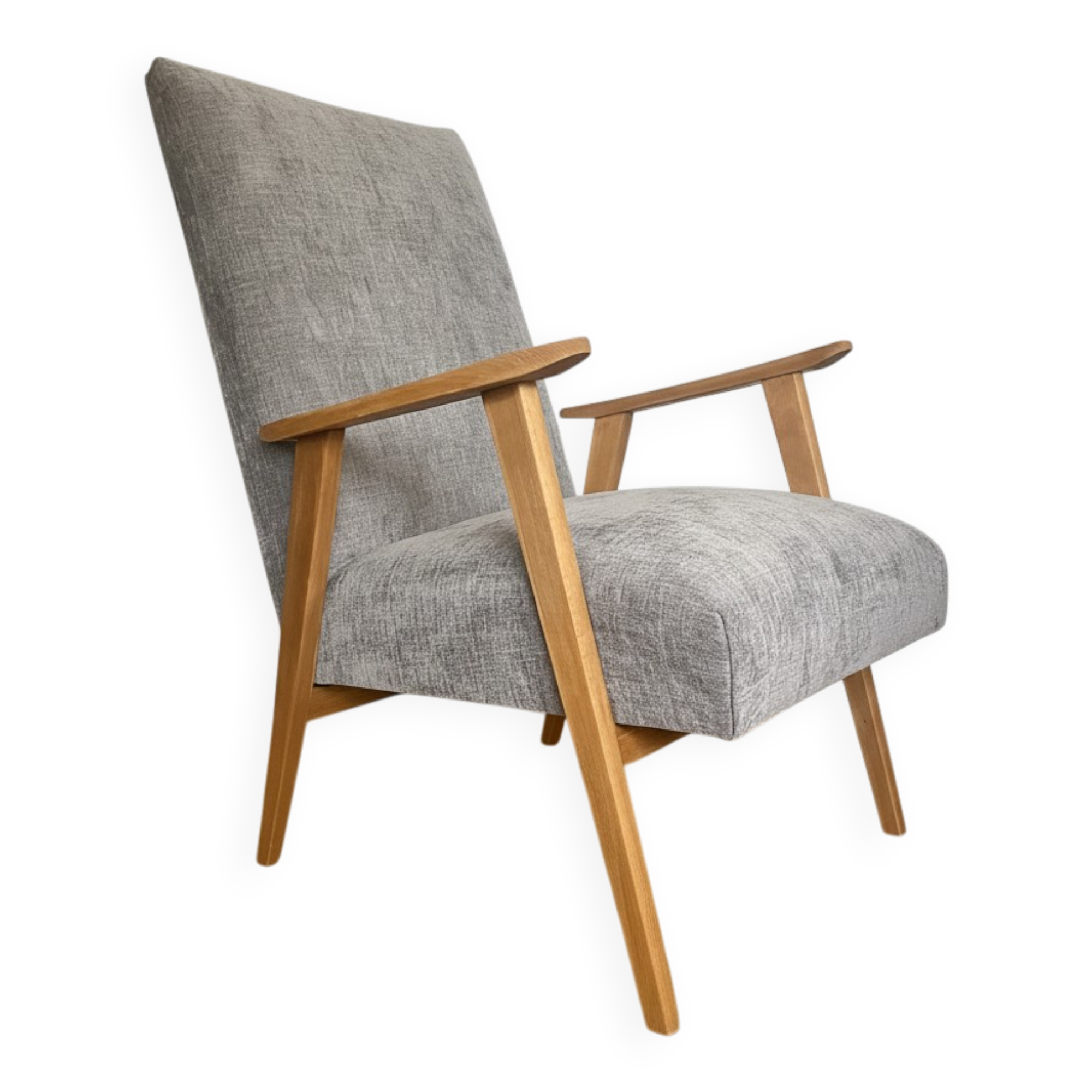 Fauteuil vintage retapissé en gris clair