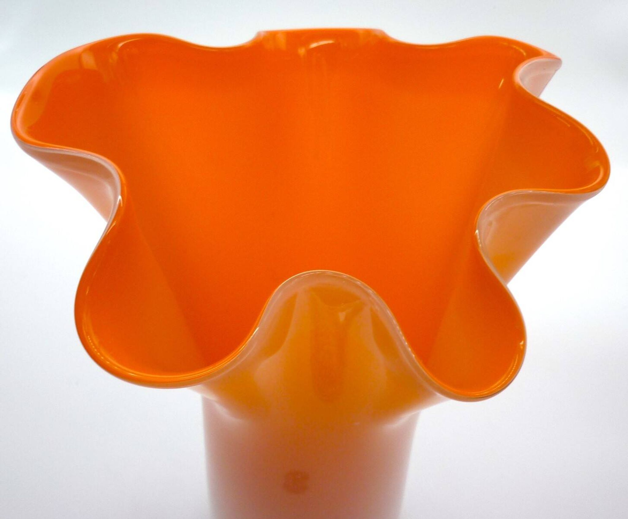 Murano handkerchief vase, blown glass, 1960s design, white and orange.