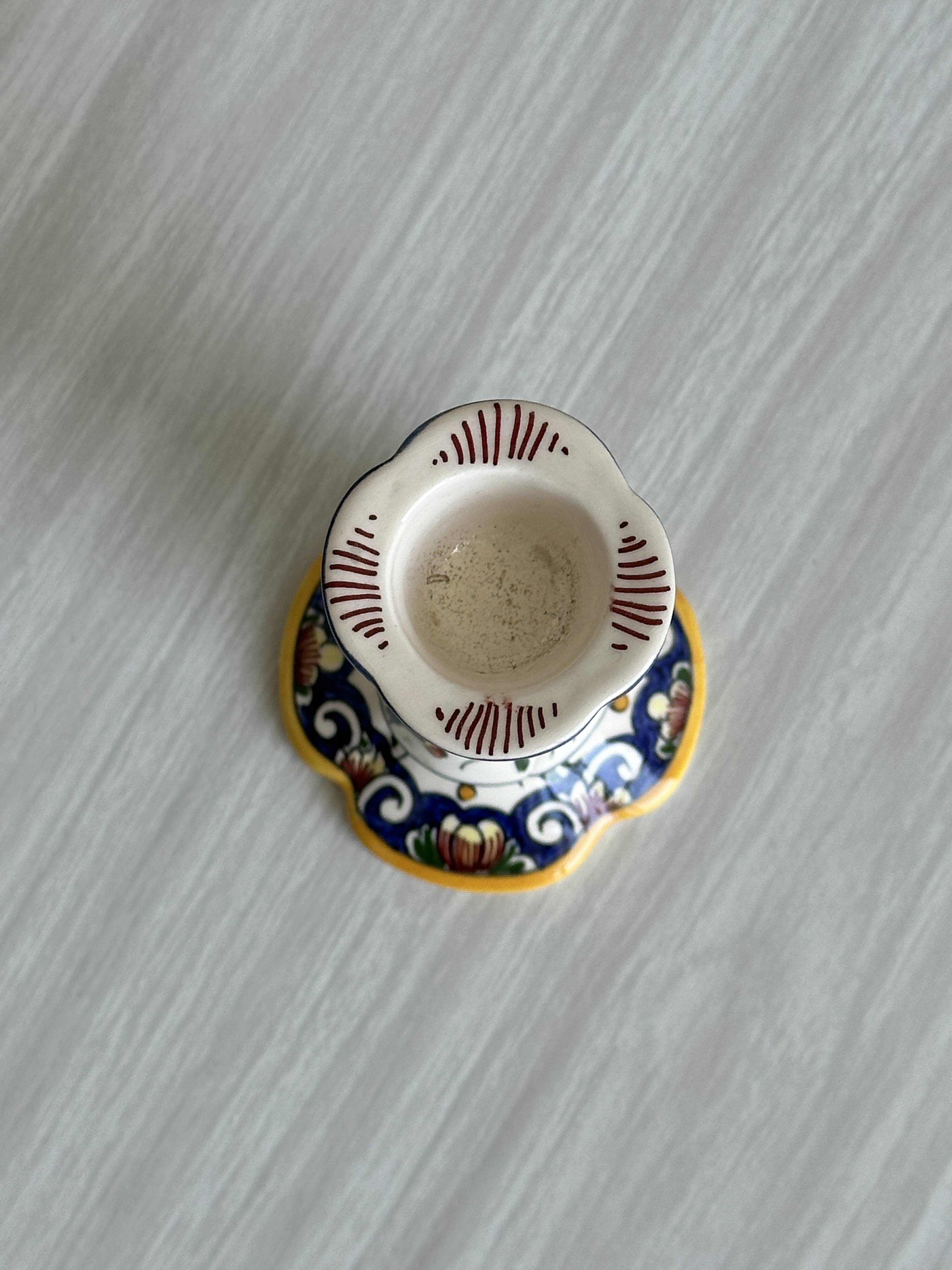 Desvres earthenware candle holder, hand-painted floral decoration.