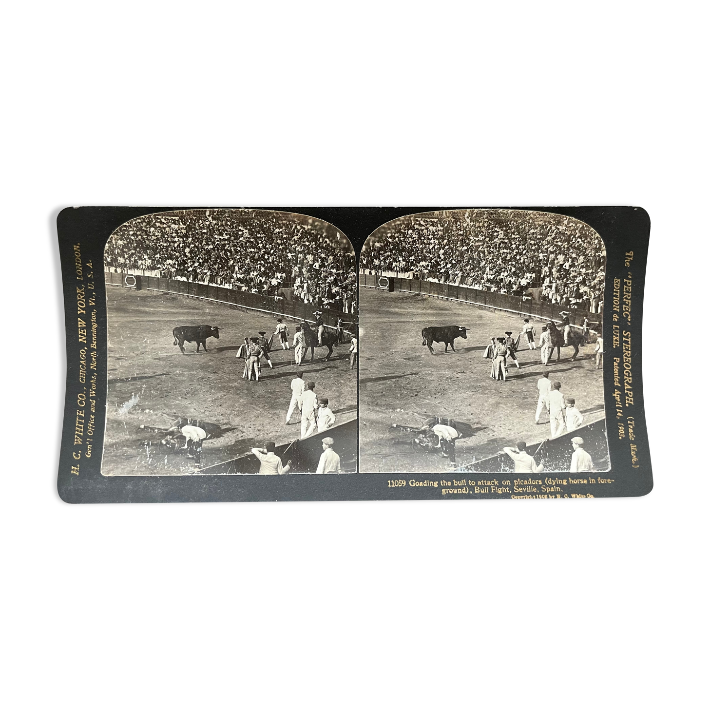 Old photography stereo, stereograph, luxury albumine 1903 bullfight, Seville, Spain