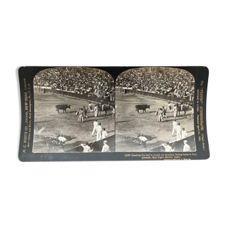 Old photography stereo, stereograph, luxury albumine 1903 bullfight, Seville, Spain