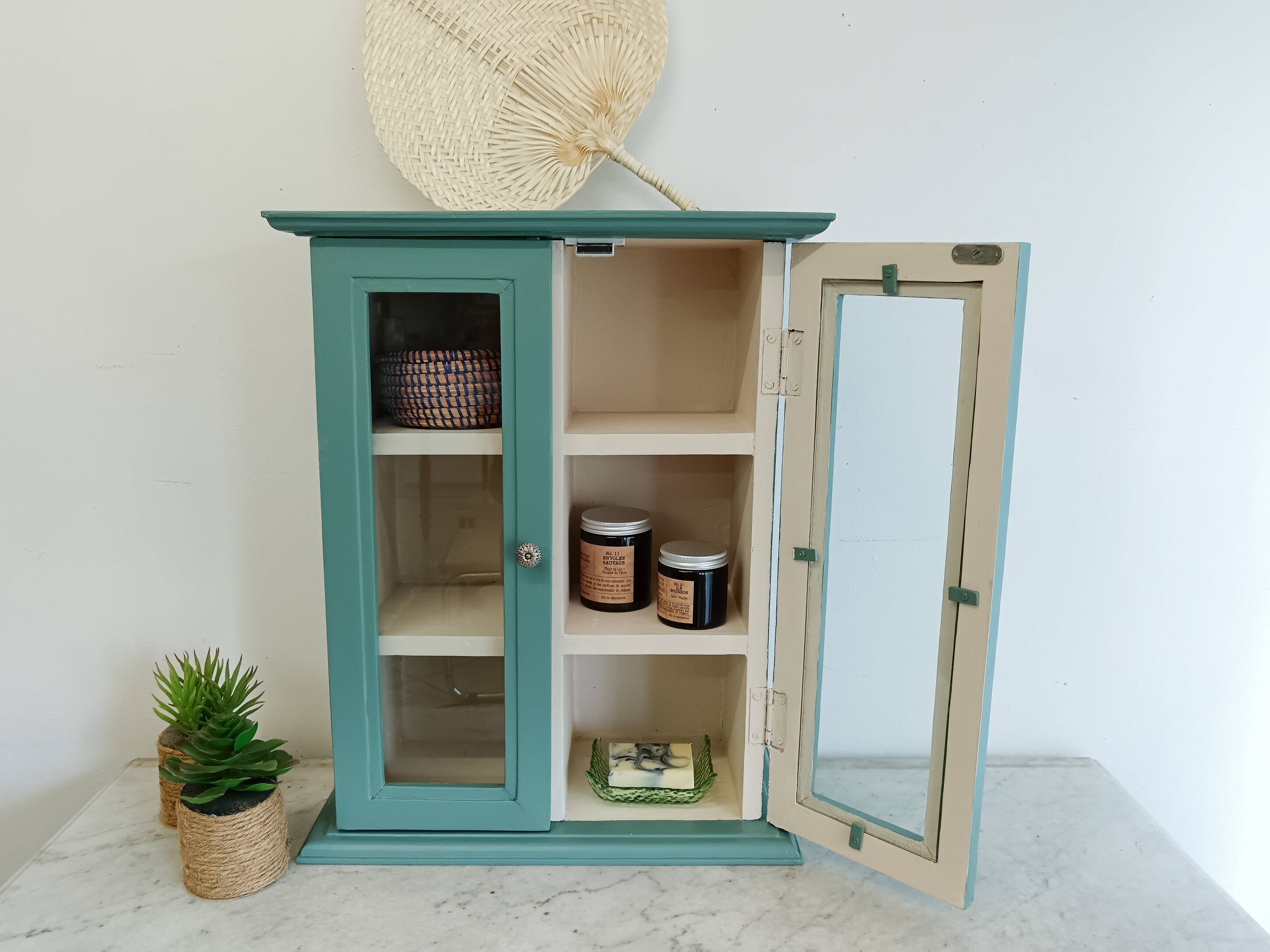 Green and beige 2-door wall display case