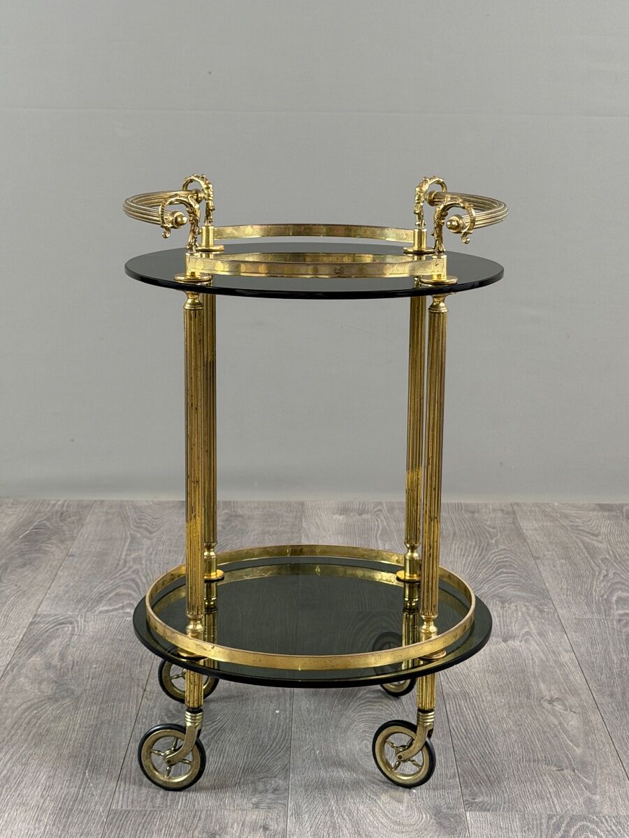 Rolling serving table in gold metal and smoked glass, 20th century