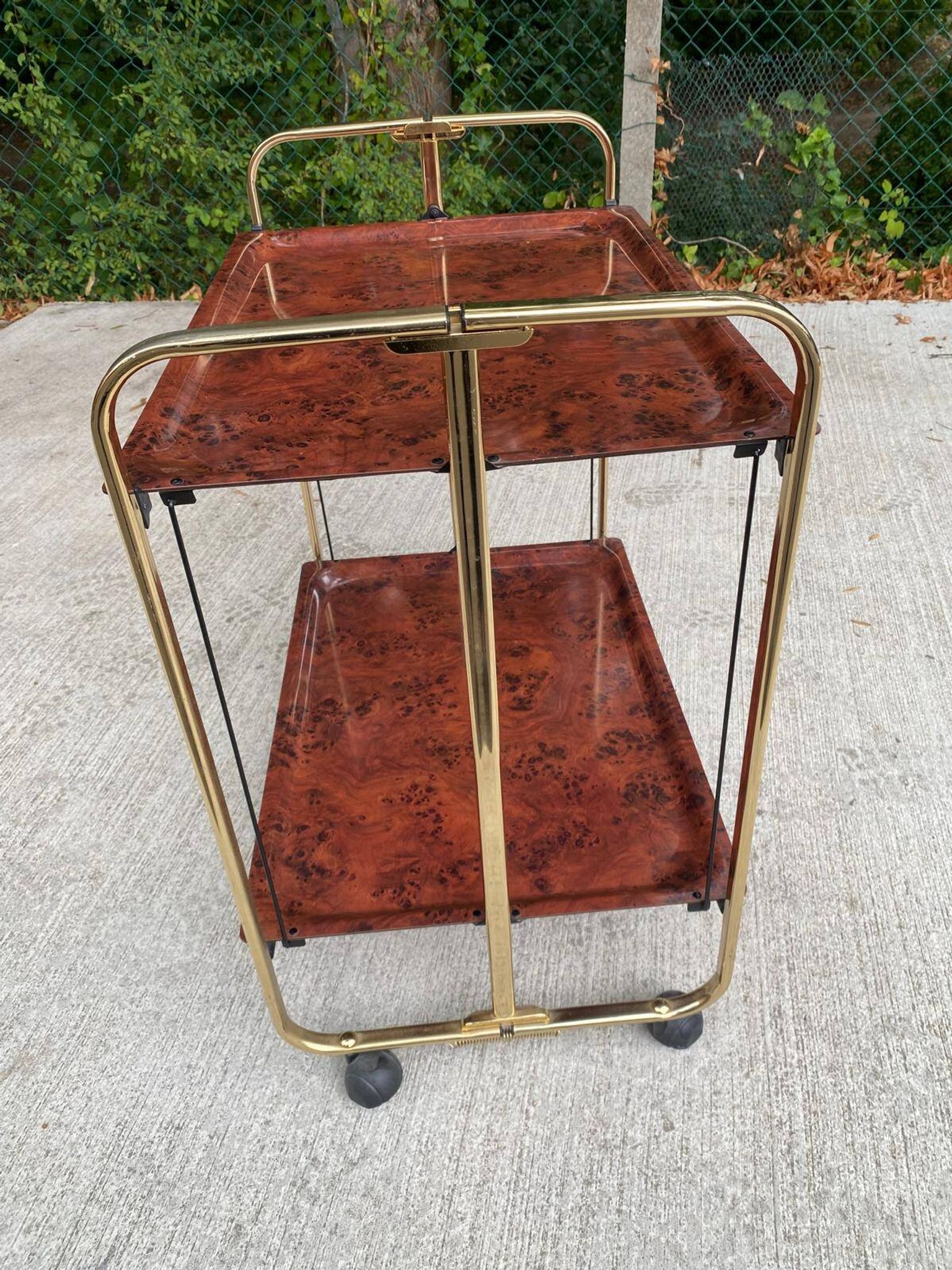 Vintage 70s folding bar table, brass with wood burl effect, Dinet style.