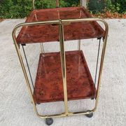 Vintage 70s folding bar table, brass with wood burl effect, Dinet style.
