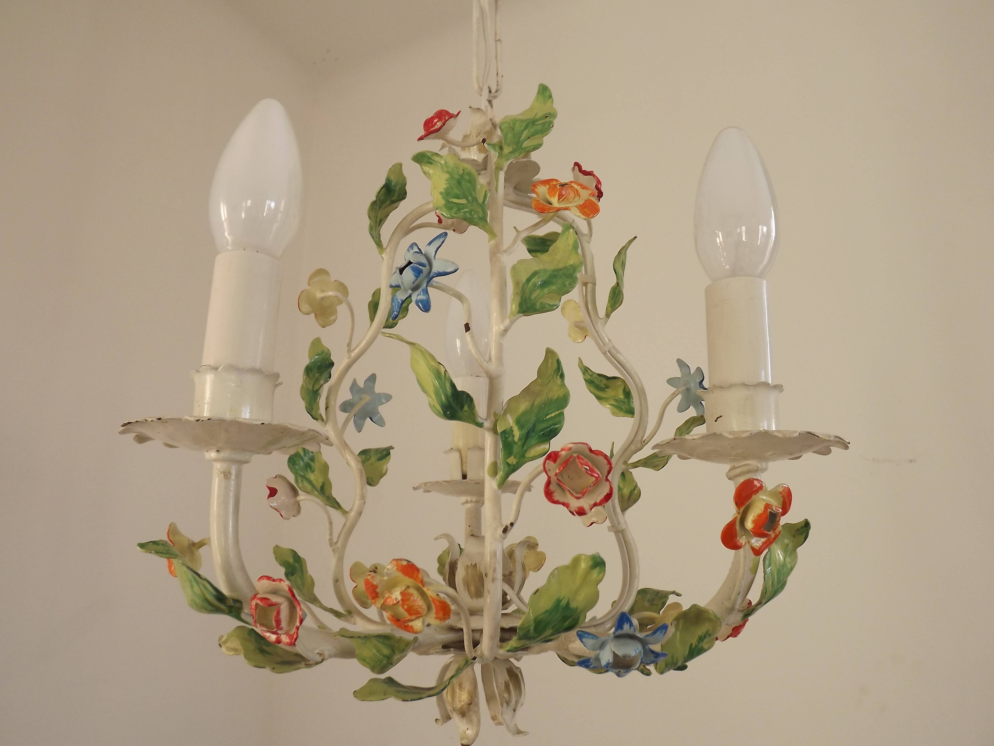 Romantic Vintage Italian Metal 3 Light Cage Chandelier Circa 1930s/40s