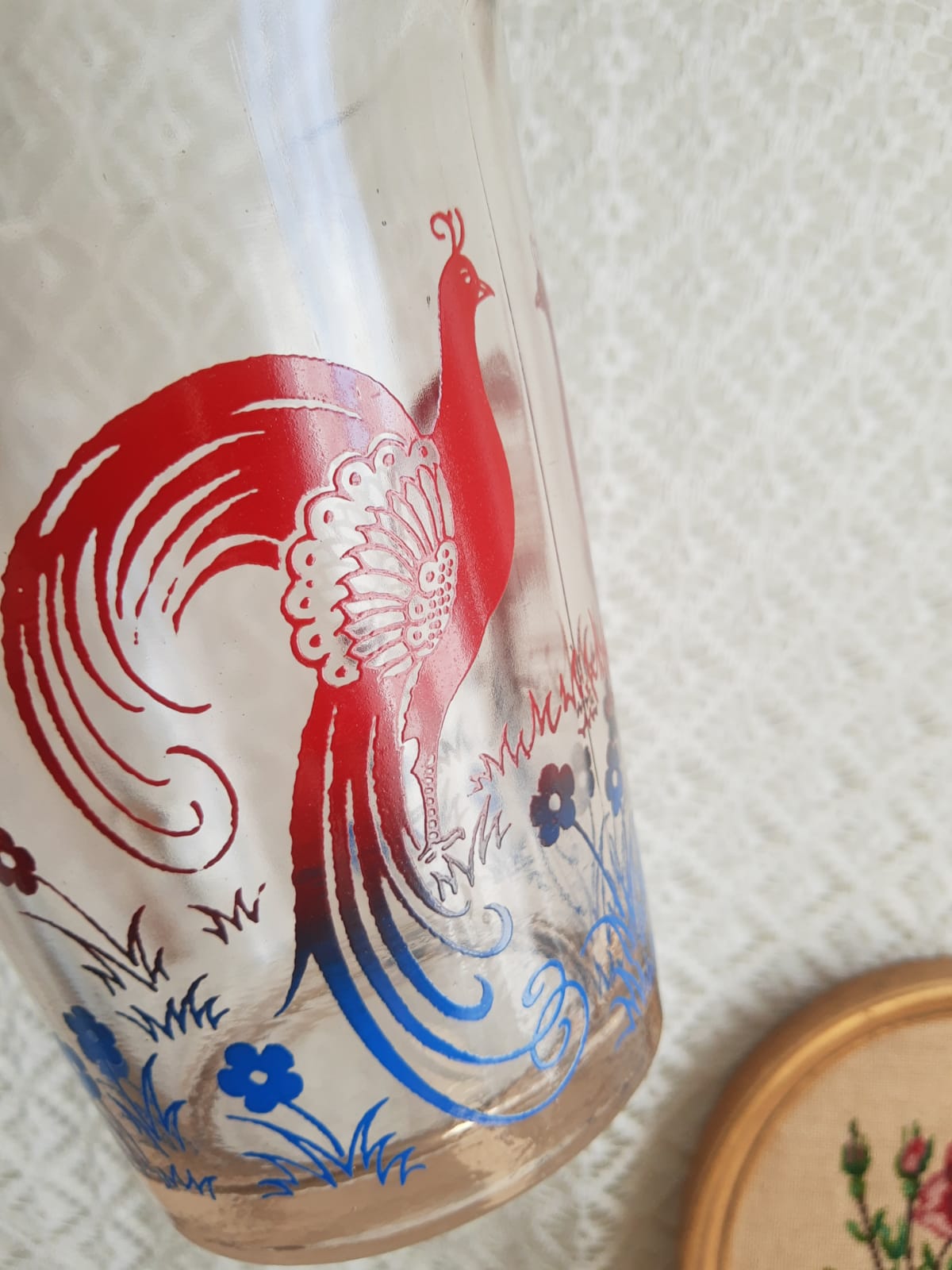 Pitcher and 6 vintage peacock liqueur glasses