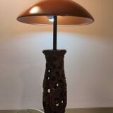Large carved wooden lamp and mushroom lampshade