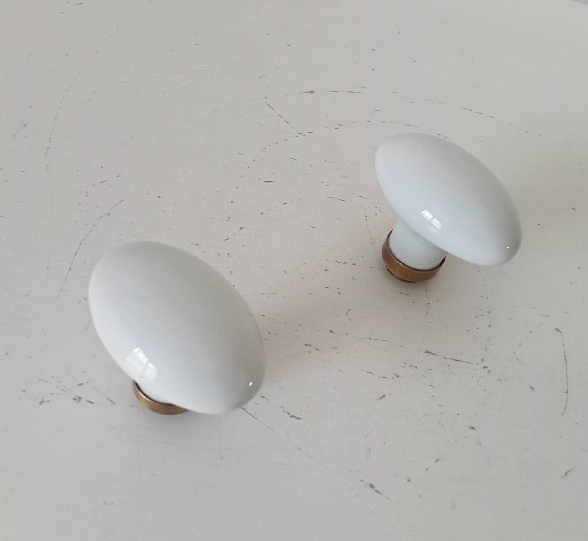 Pair of vintage door handles in porcelain and brass.