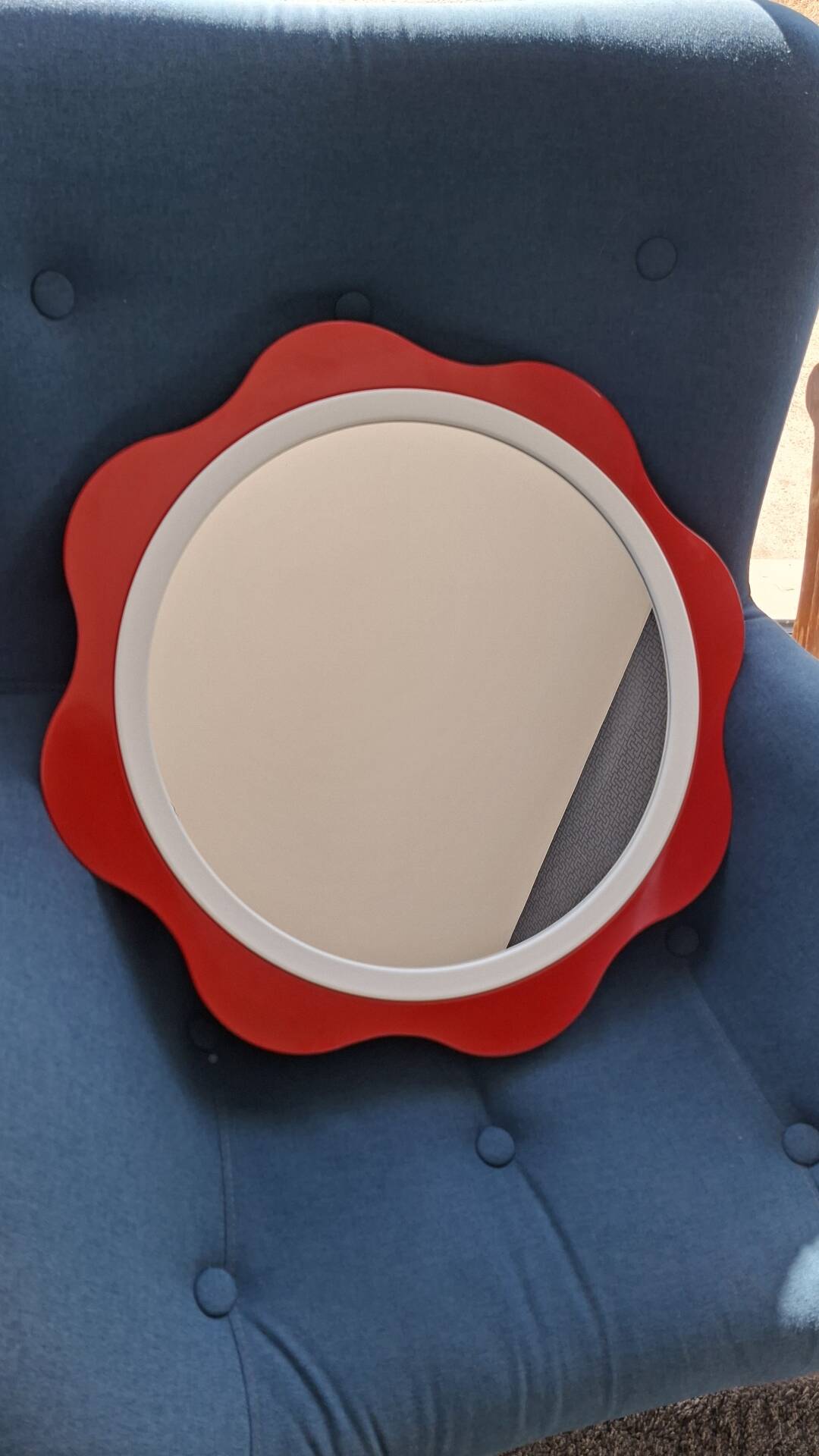 Round wall mirror 53 cm red/white vintage 1960s/70s
