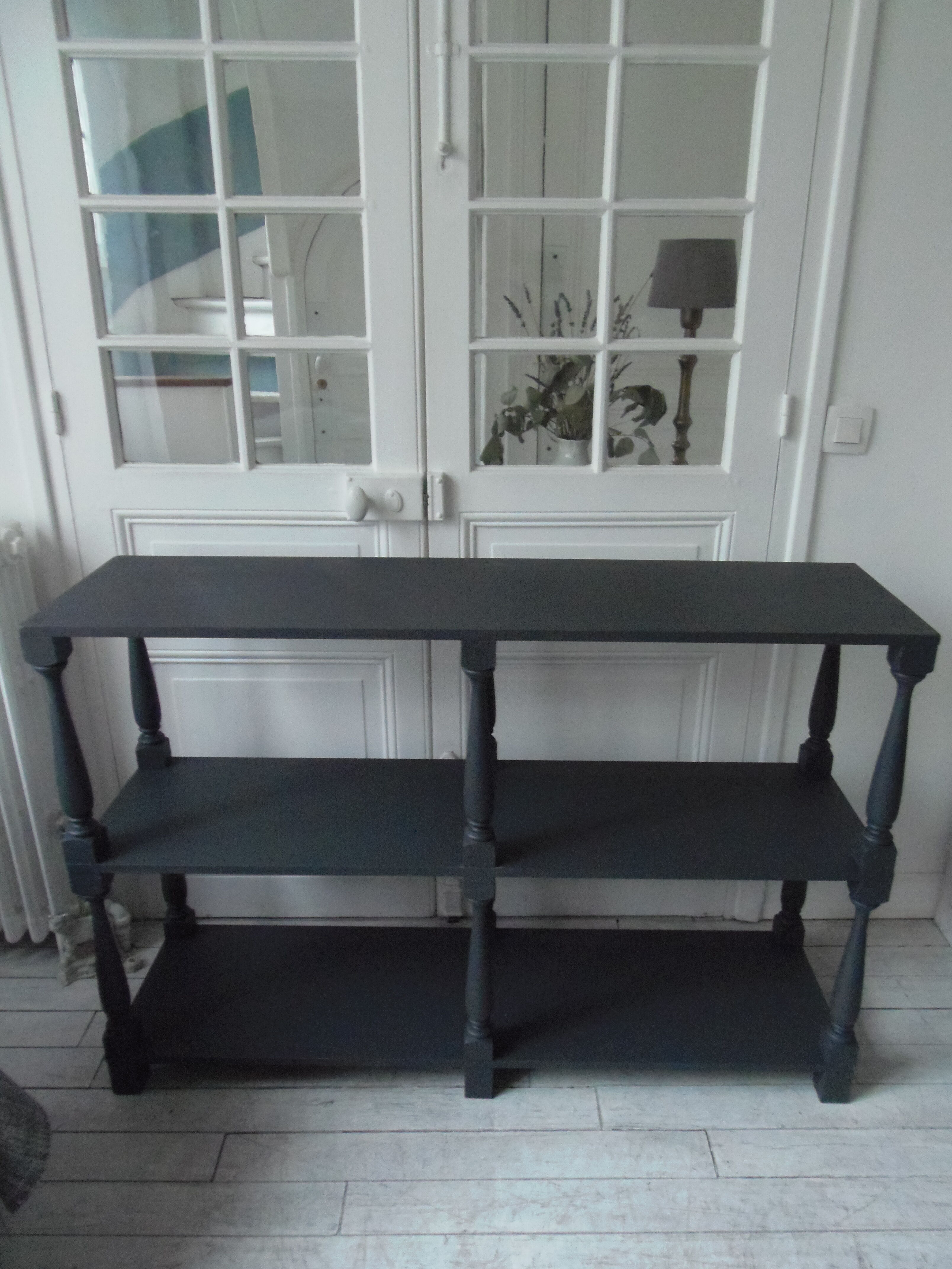 Console, bookcase, vintage slate grey dresser, 2 shelves
