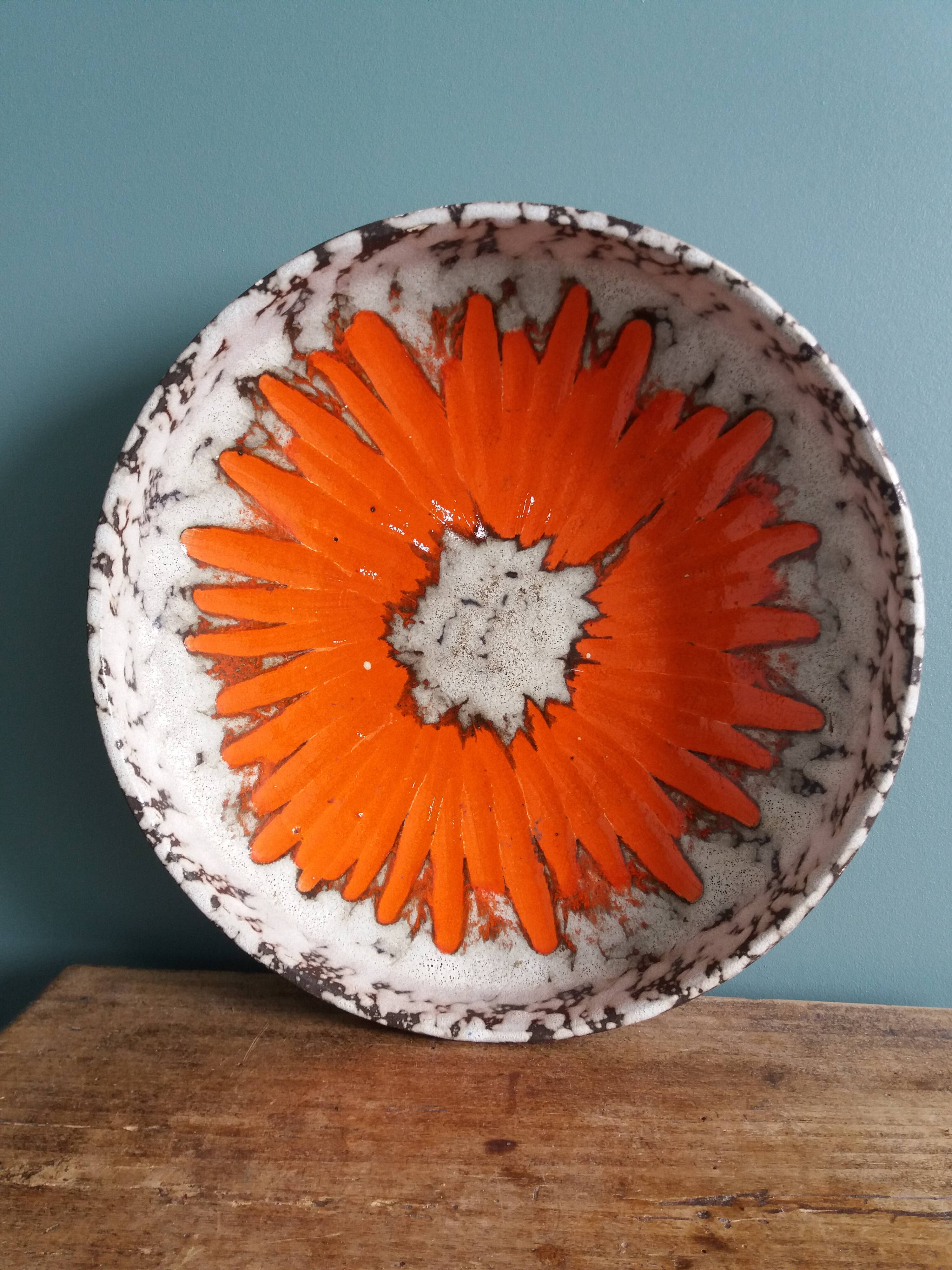West Germany flat pocket emptier with orange flower decor