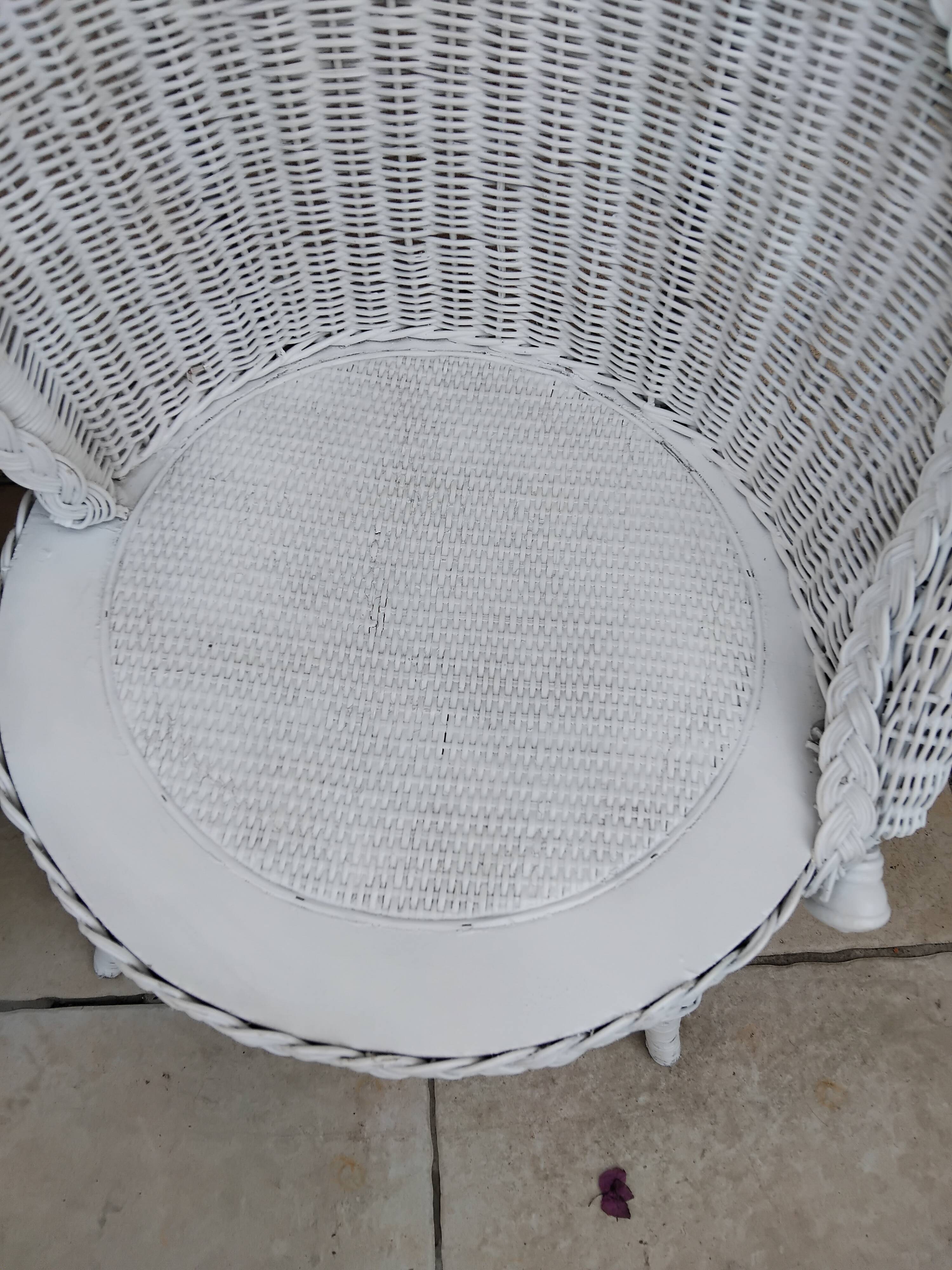 Pair of vintage art deco white rattan wicker armchairs