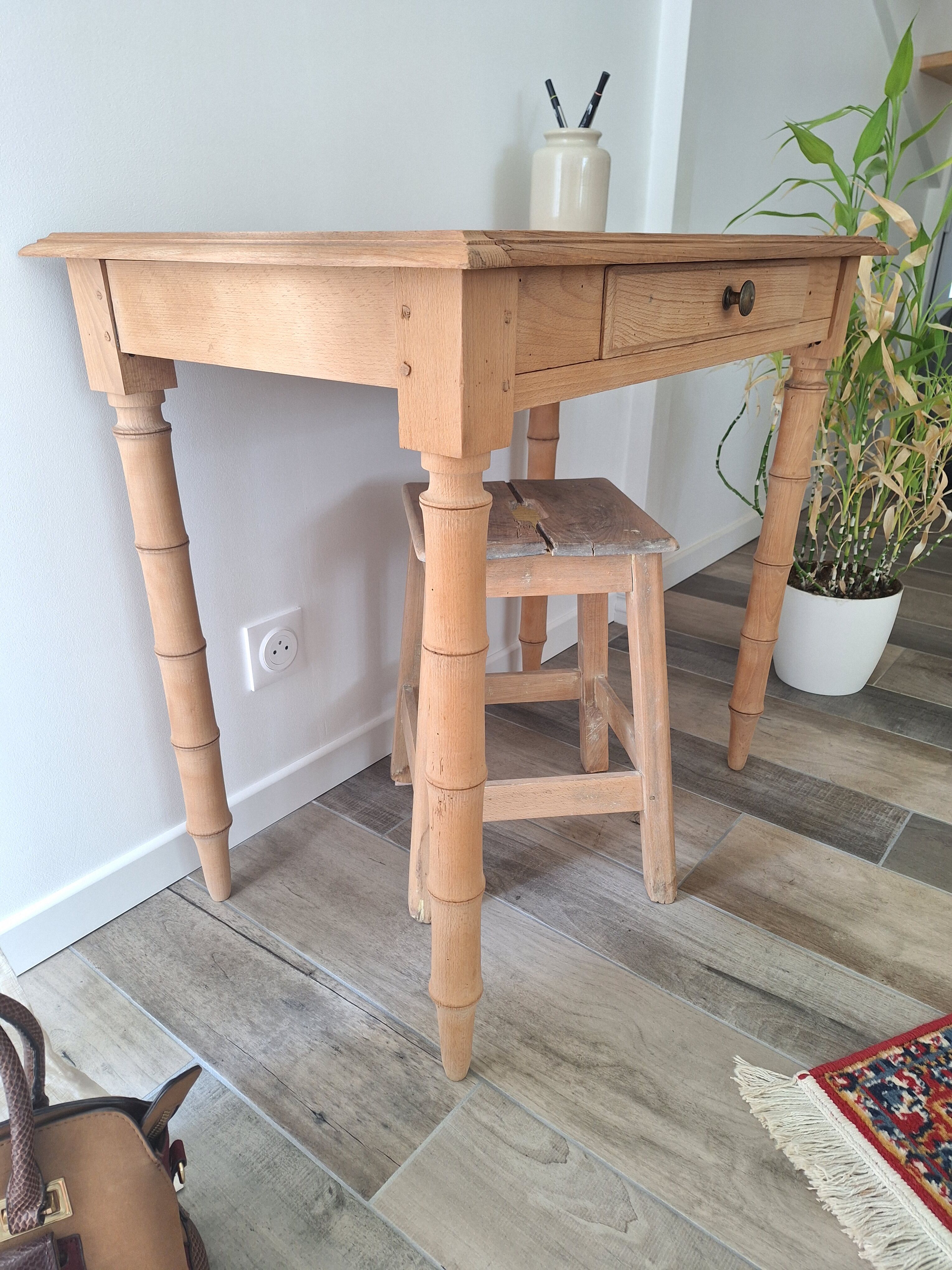 Old beech wood bureau/console/side table with bamboo legs.