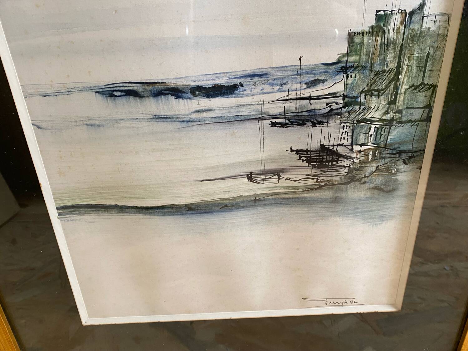 Old ink painting seaside view signed + golden wood frame