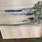 Old ink painting seaside view signed + golden wood frame
