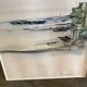 Old ink painting seaside view signed + golden wood frame