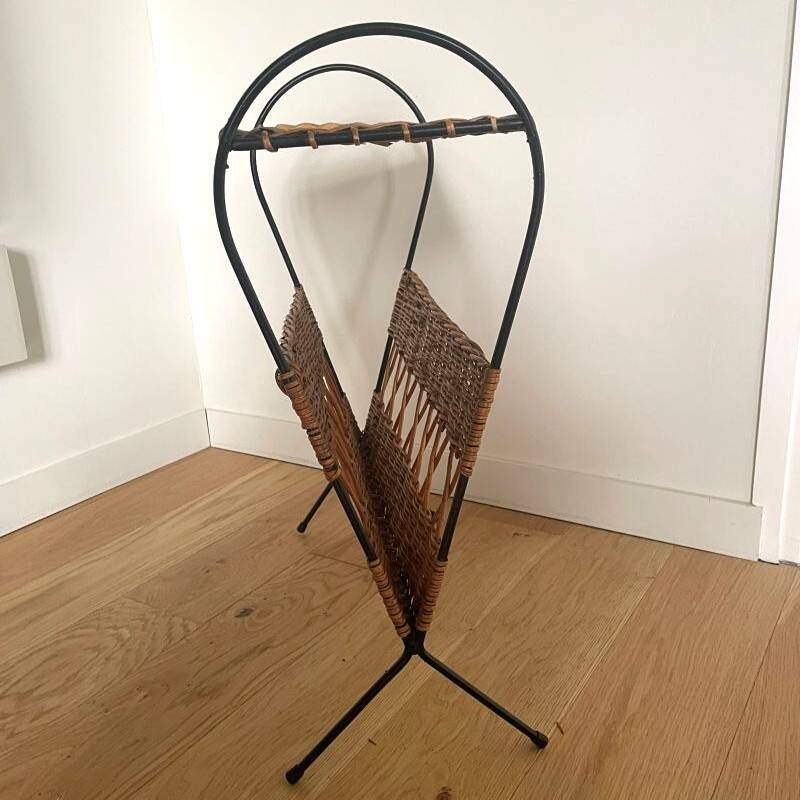 Vintage rattan and black metal magazine rack – Nightstand