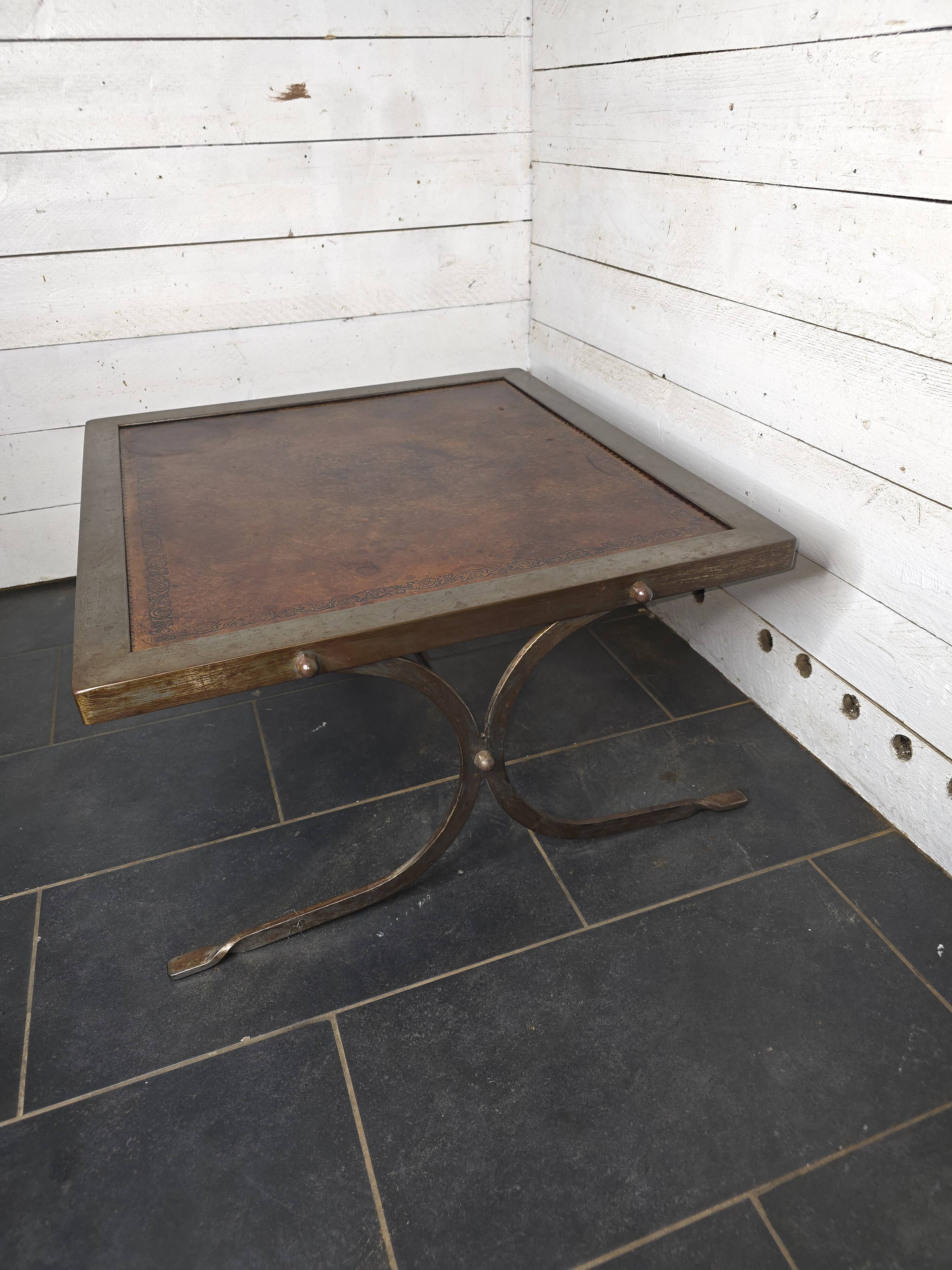 Vintage steel and leather coffee table